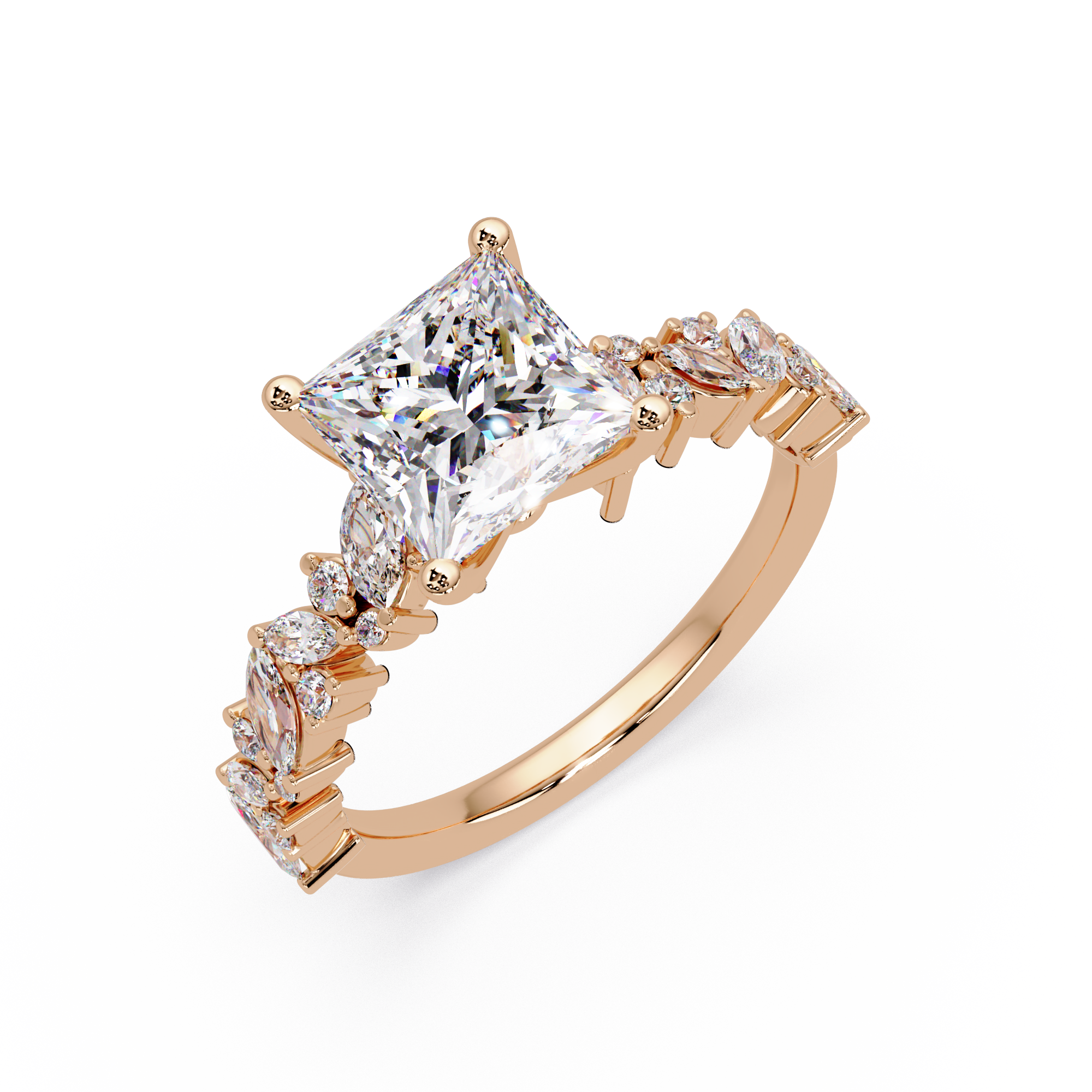 Nature-Inspired Princess Diamond Engagement Ring with Marquise & Round Accent Stones