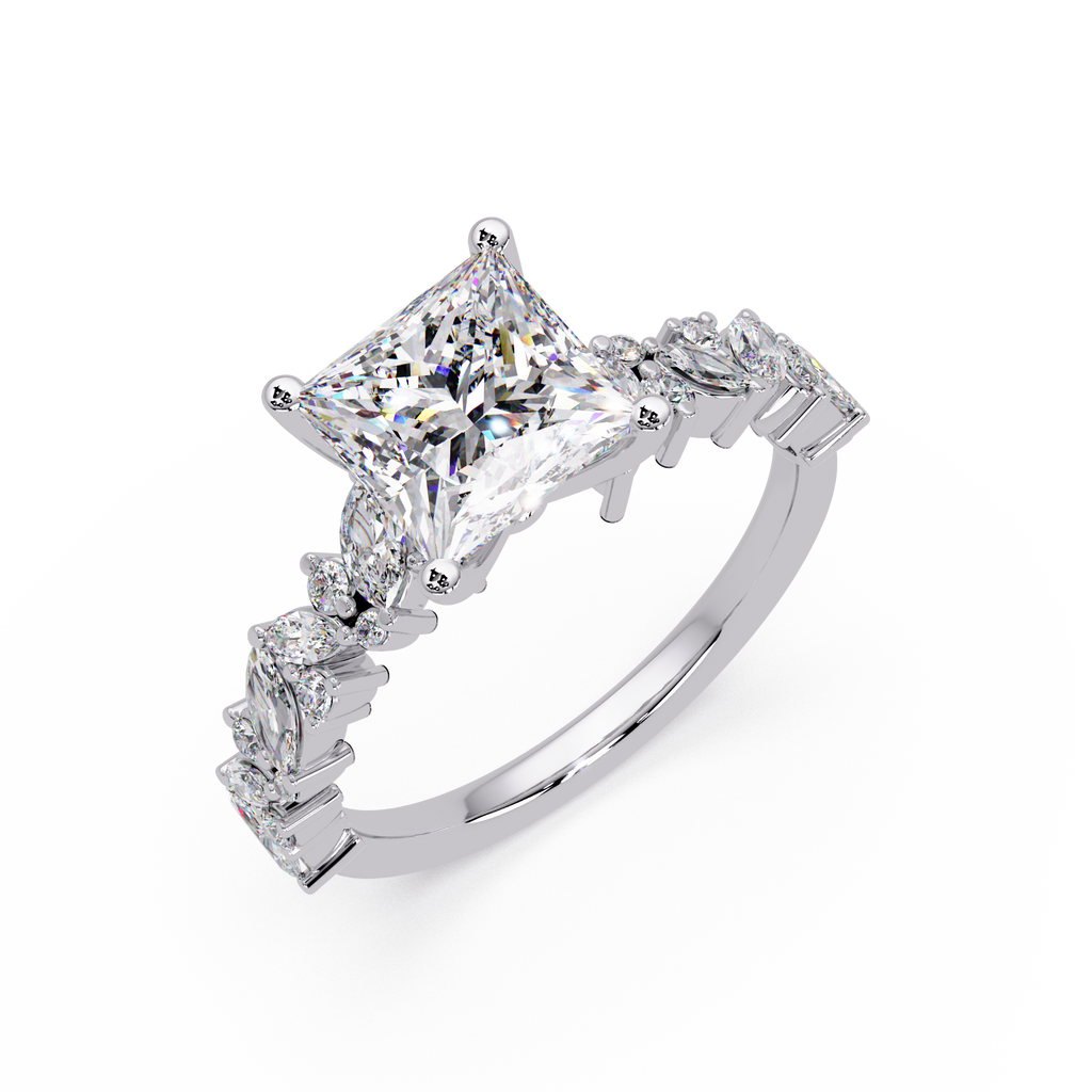 Nature-Inspired Princess Diamond Engagement Ring with Marquise & Round Accent Stones