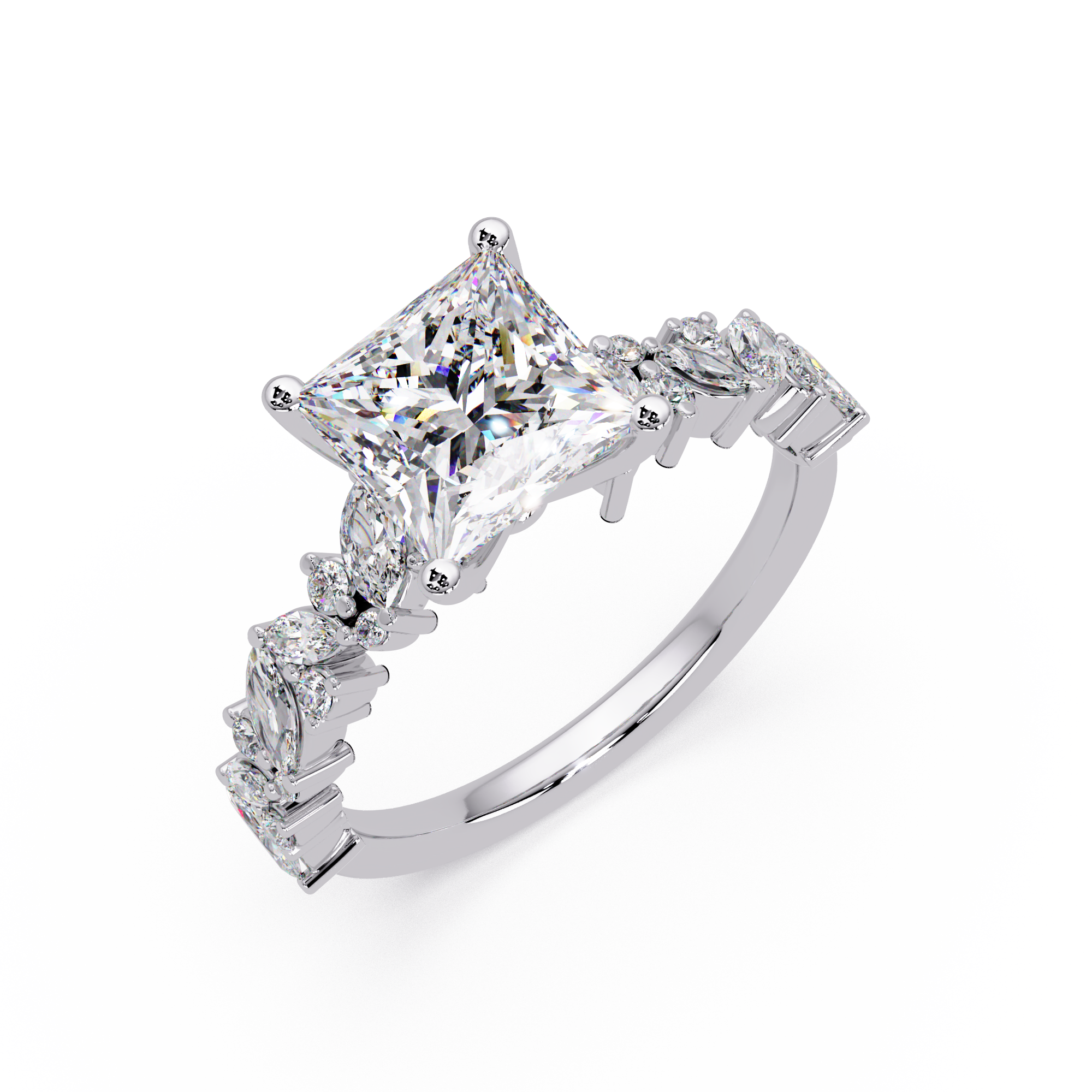 Nature-Inspired Princess Diamond Engagement Ring with Marquise & Round Accent Stones