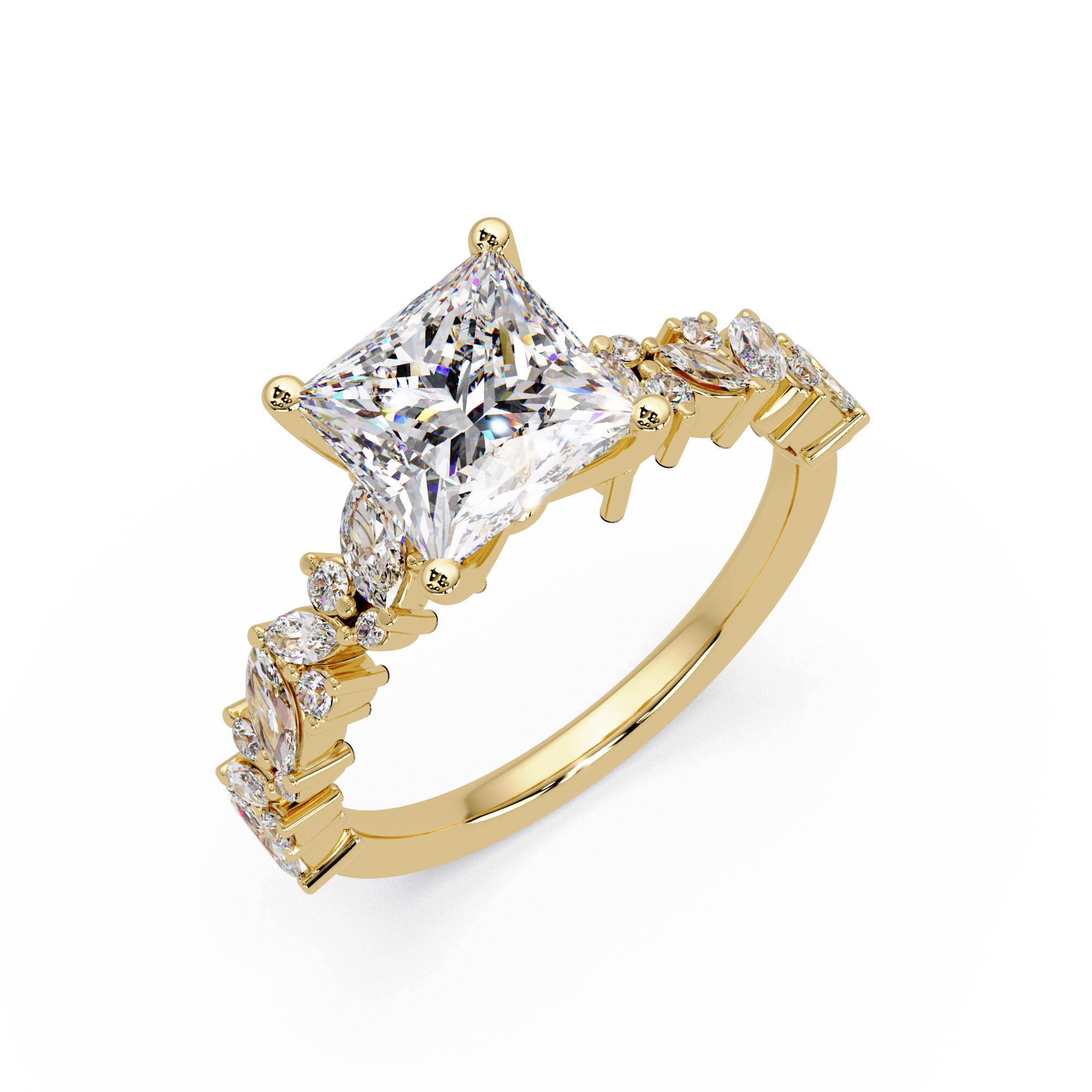Nature-Inspired Princess Diamond Engagement Ring with Marquise & Round Accent Stones