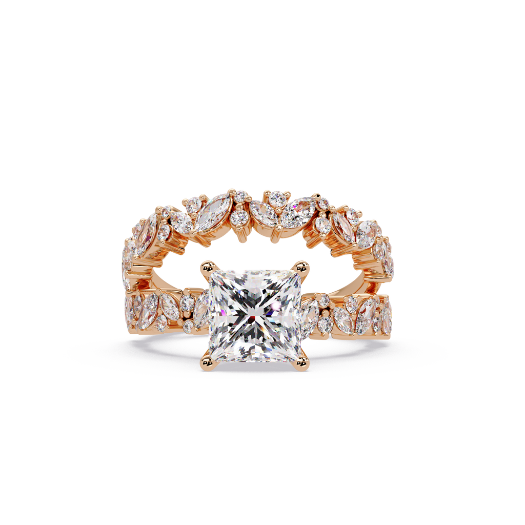 Nature-Inspired Princess Diamond Engagement Ring with Marquise & Round Accent Stones