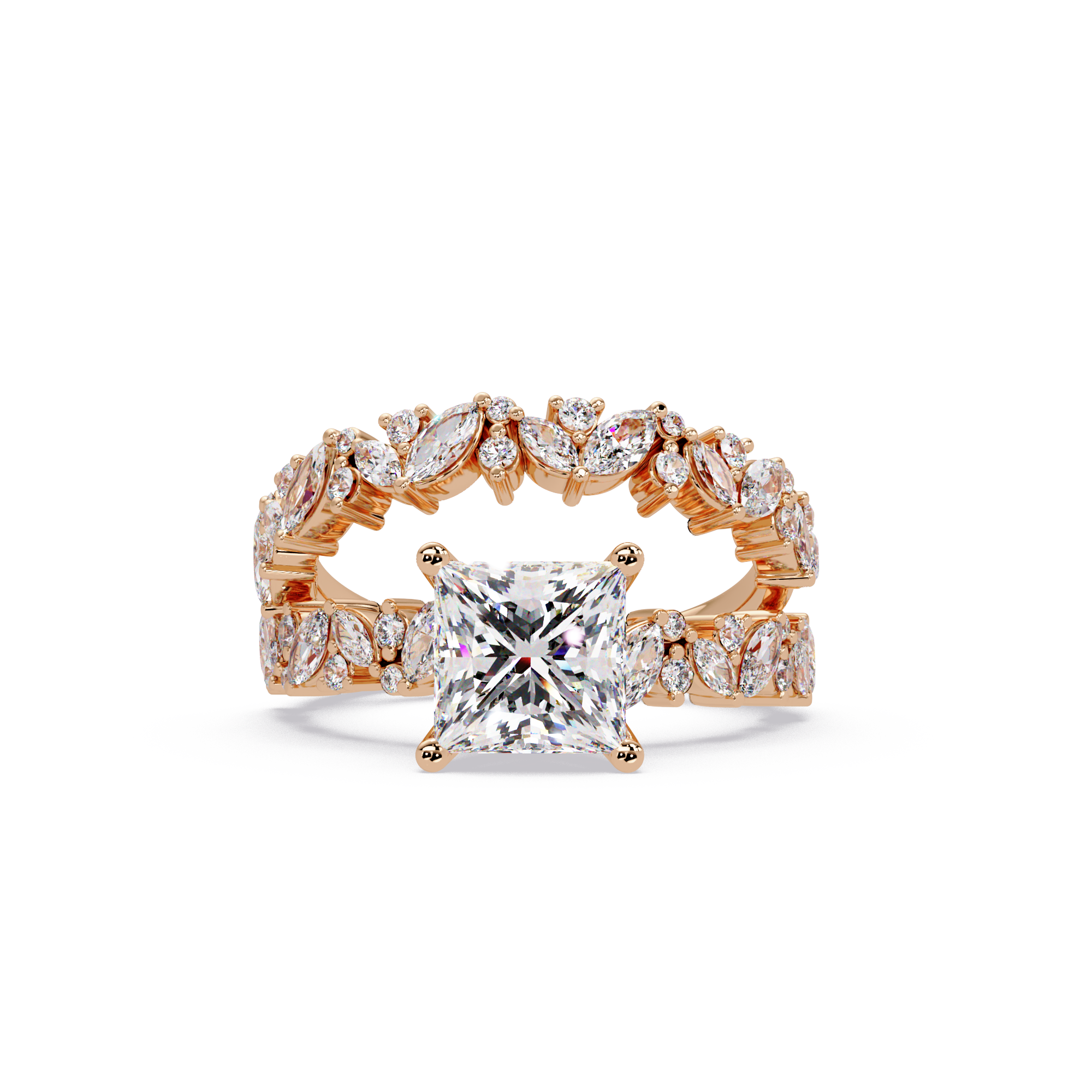 Nature-Inspired Princess Diamond Engagement Ring with Marquise & Round Accent Stones