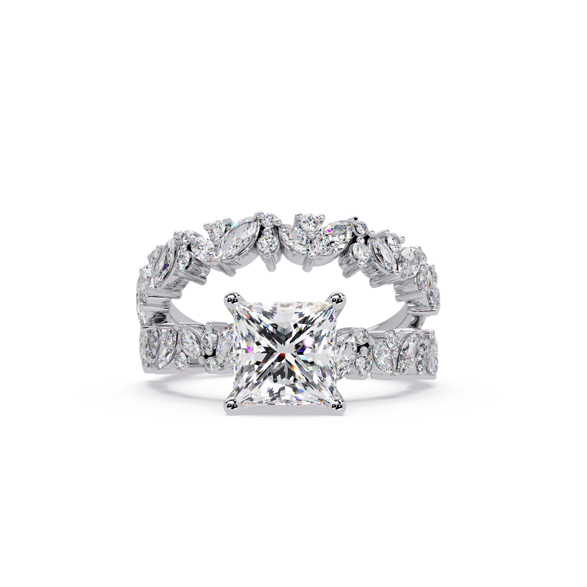 Nature-Inspired Princess Diamond Engagement Ring with Marquise & Round Accent Stones