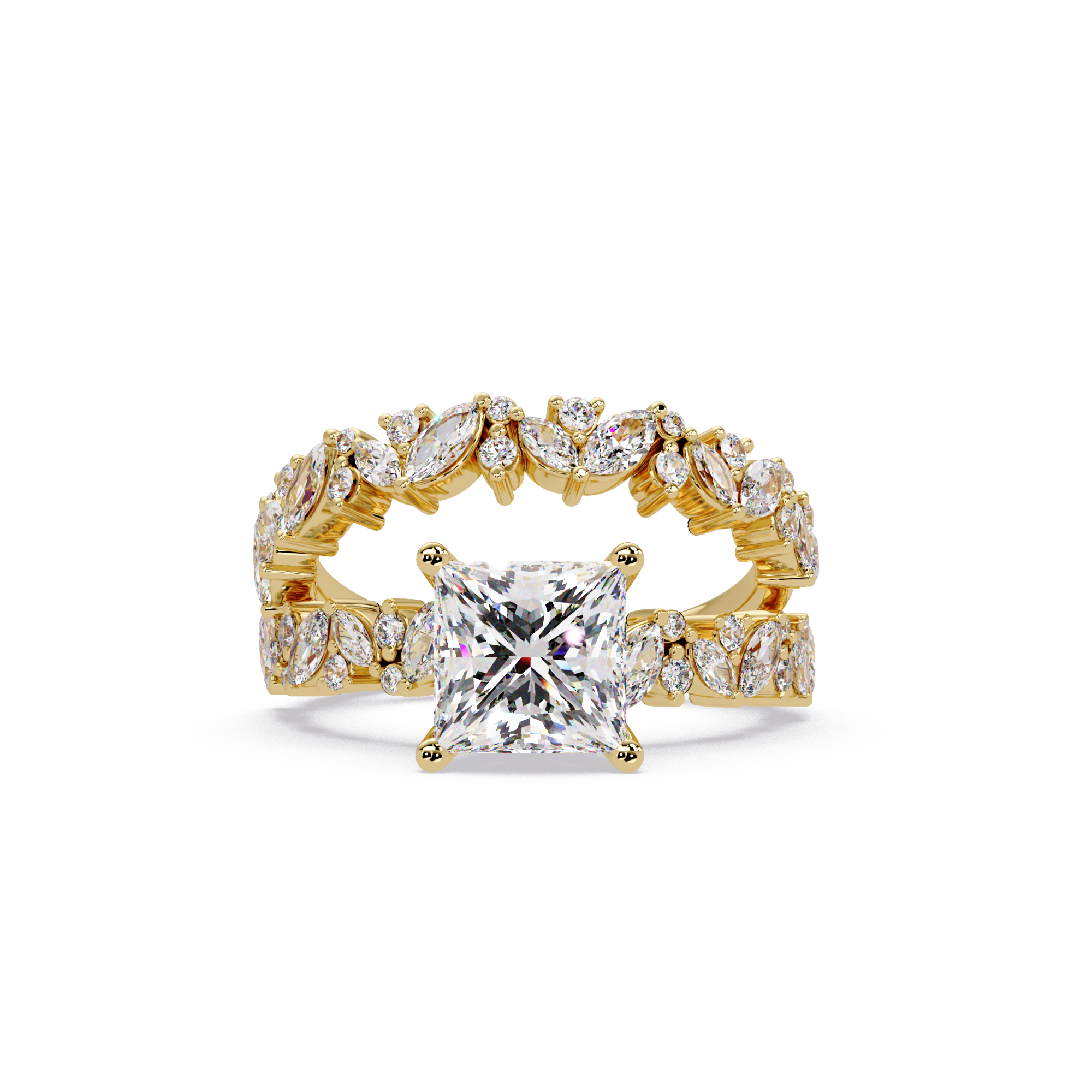 Nature-Inspired Princess Diamond Engagement Ring with Marquise & Round Accent Stones