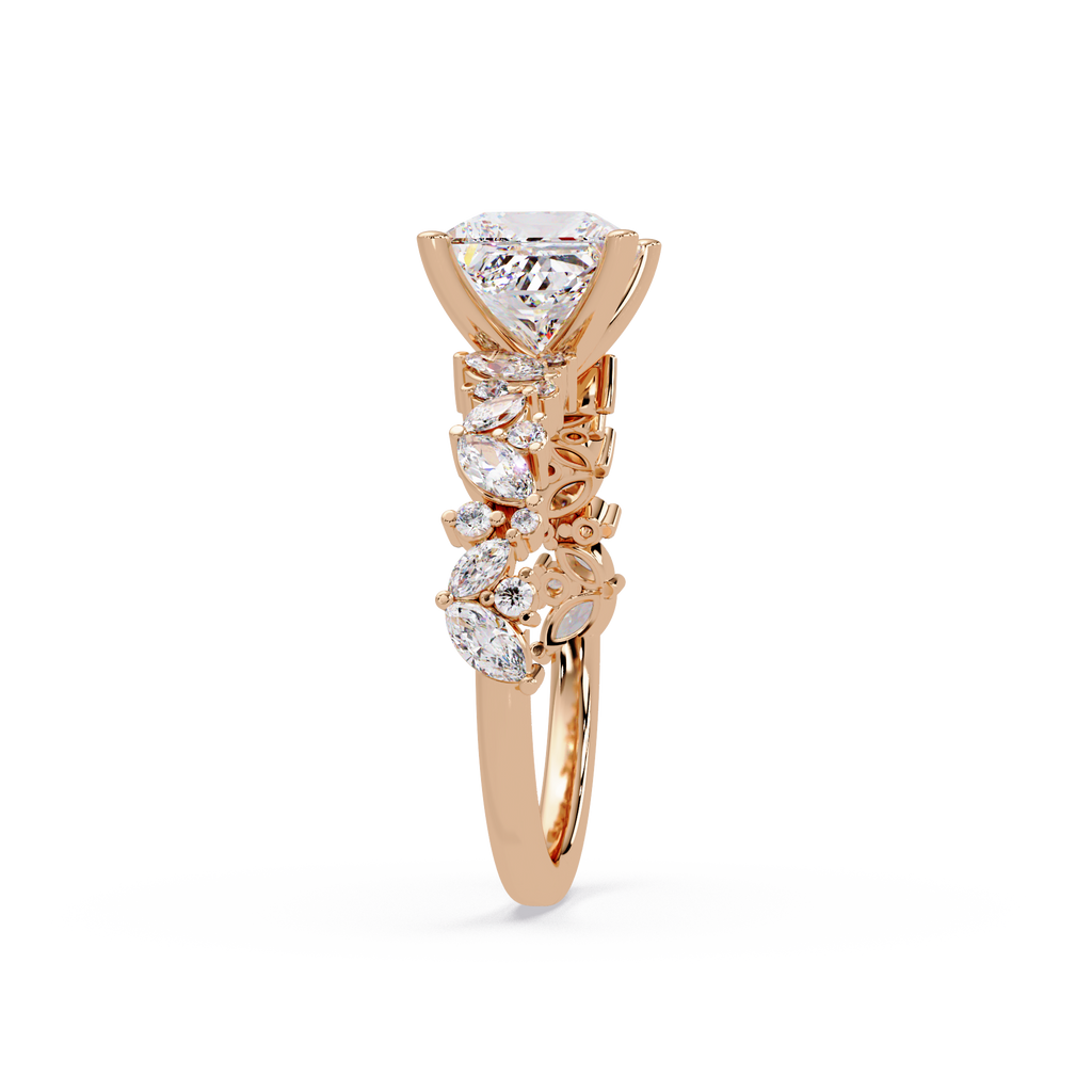Nature-Inspired Princess Diamond Engagement Ring with Marquise & Round Accent Stones