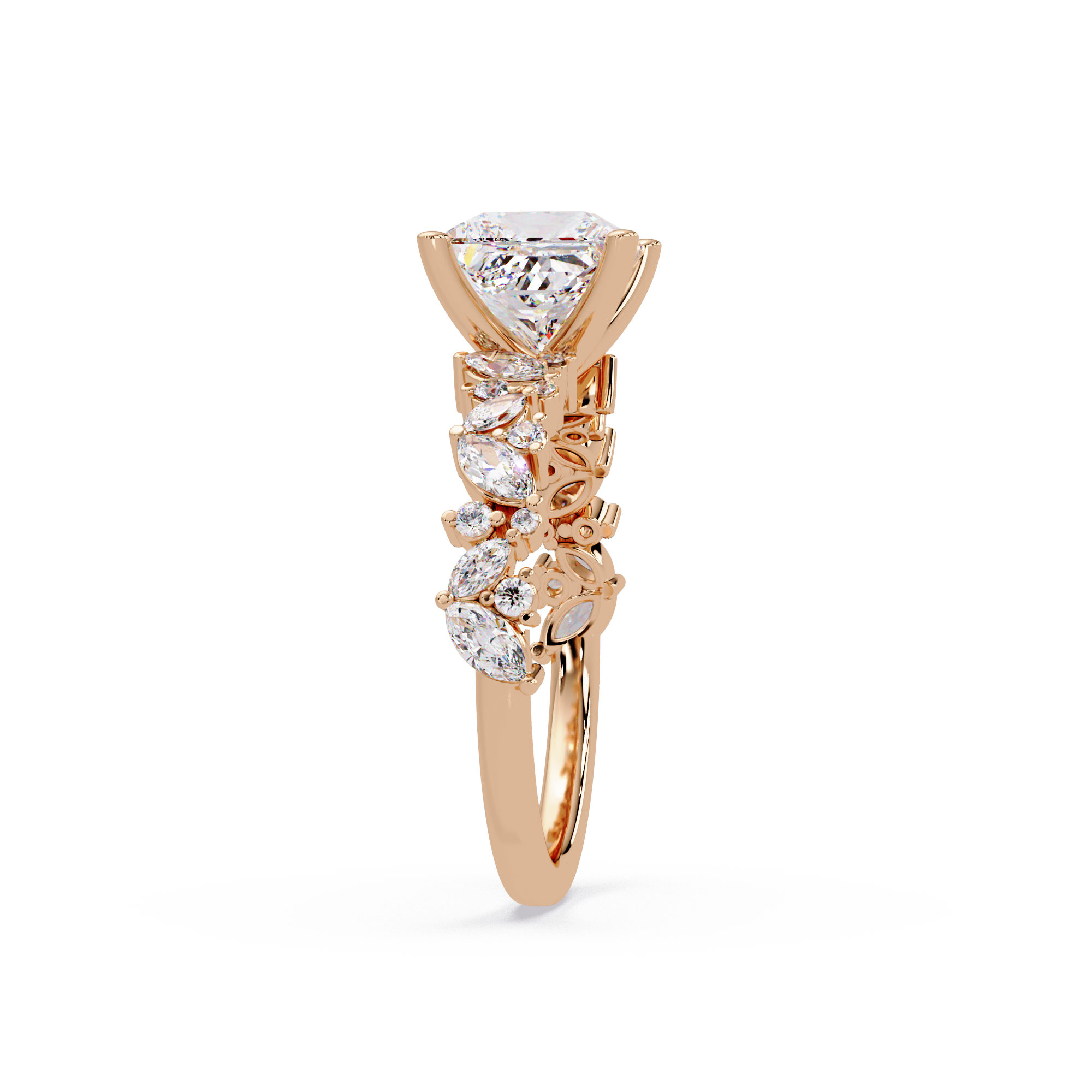 Nature-Inspired Princess Diamond Engagement Ring with Marquise & Round Accent Stones