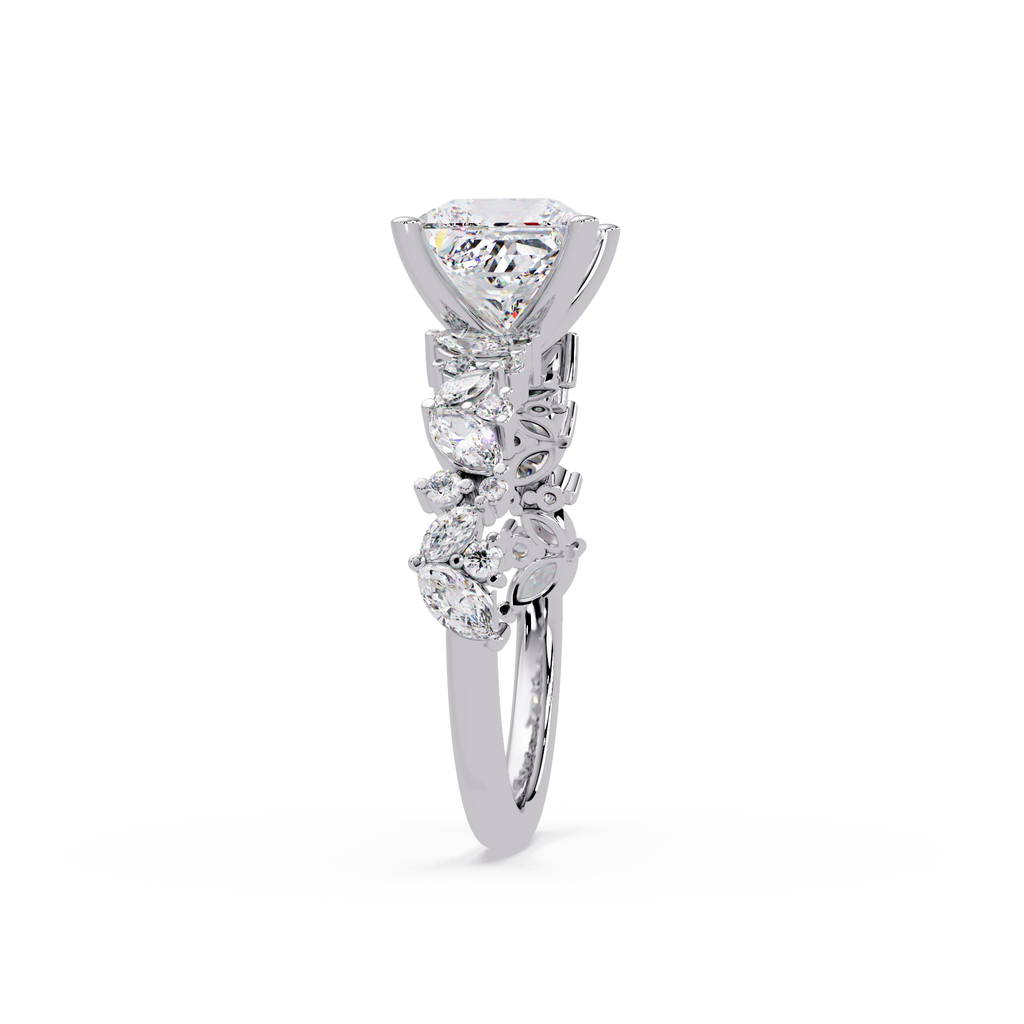 Nature-Inspired Princess Diamond Engagement Ring with Marquise & Round Accent Stones