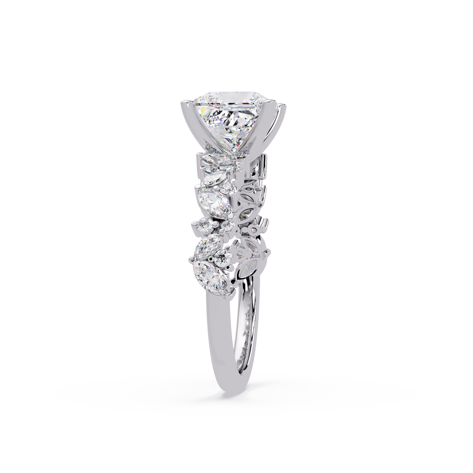 Nature-Inspired Princess Diamond Engagement Ring with Marquise & Round Accent Stones