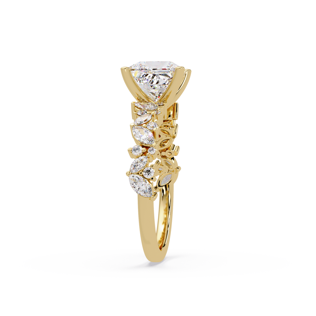 Nature-Inspired Princess Diamond Engagement Ring with Marquise & Round Accent Stones