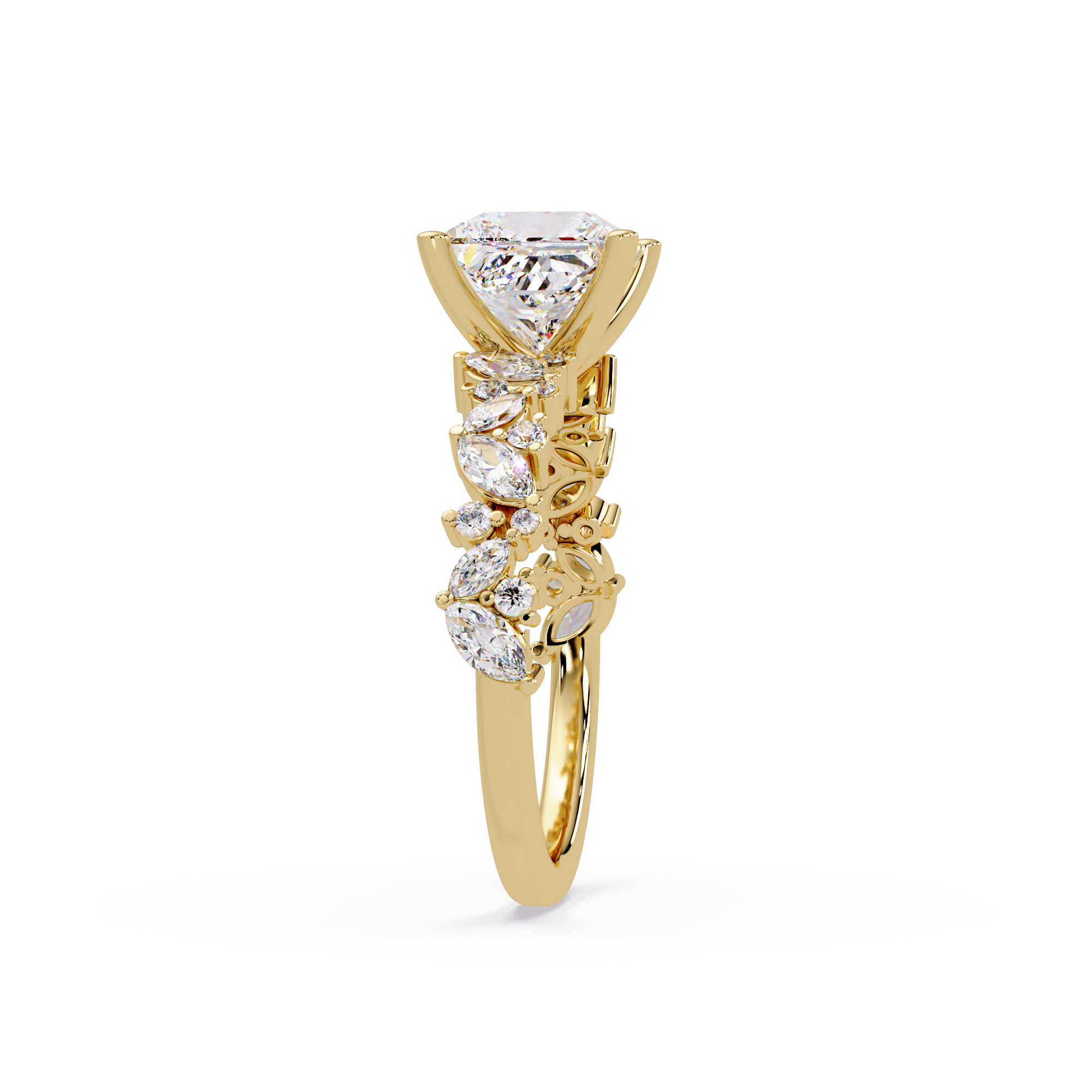 Nature-Inspired Princess Diamond Engagement Ring with Marquise & Round Accent Stones