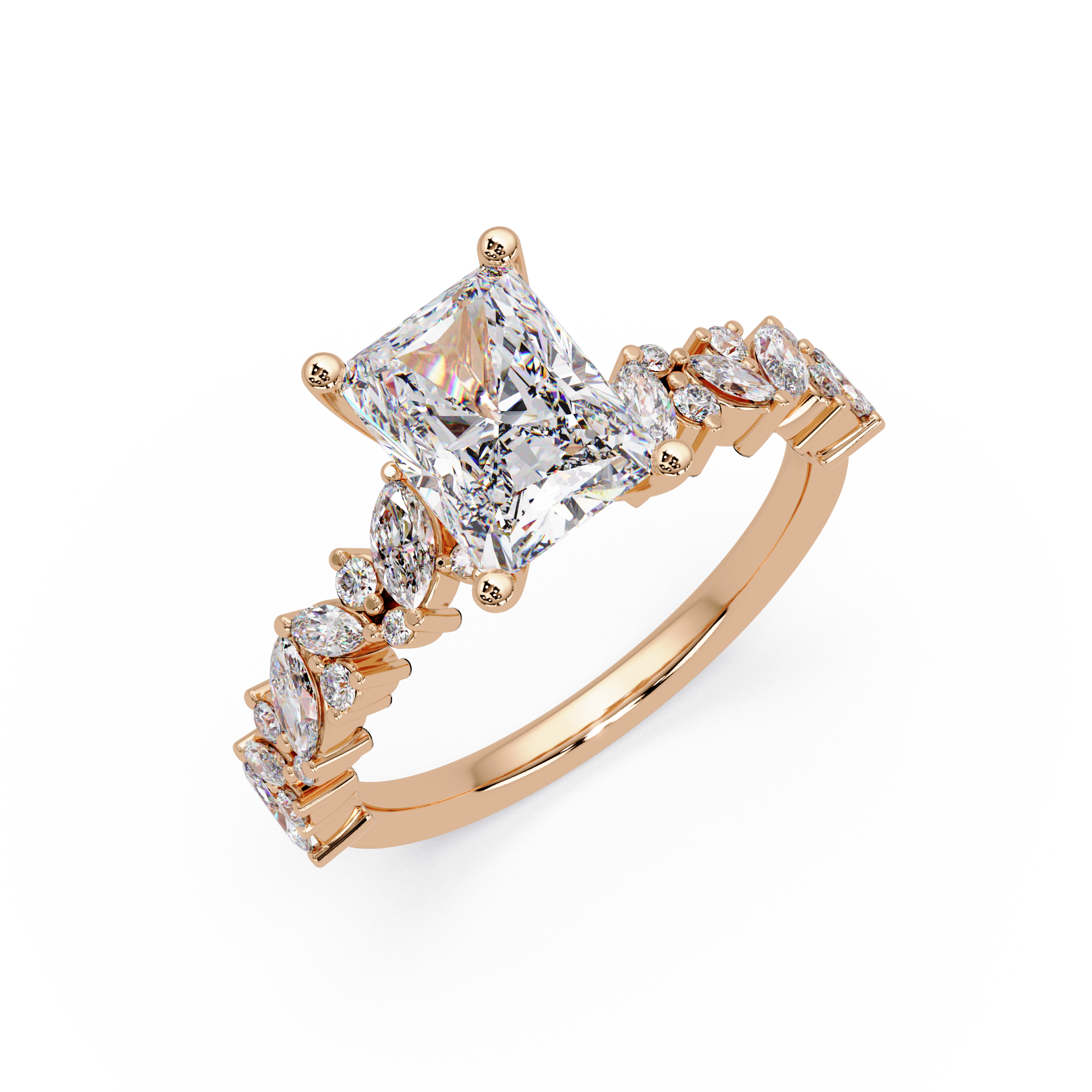 Nature-Inspired Princess Diamond Engagement Ring with Marquise & Round Accent Stones