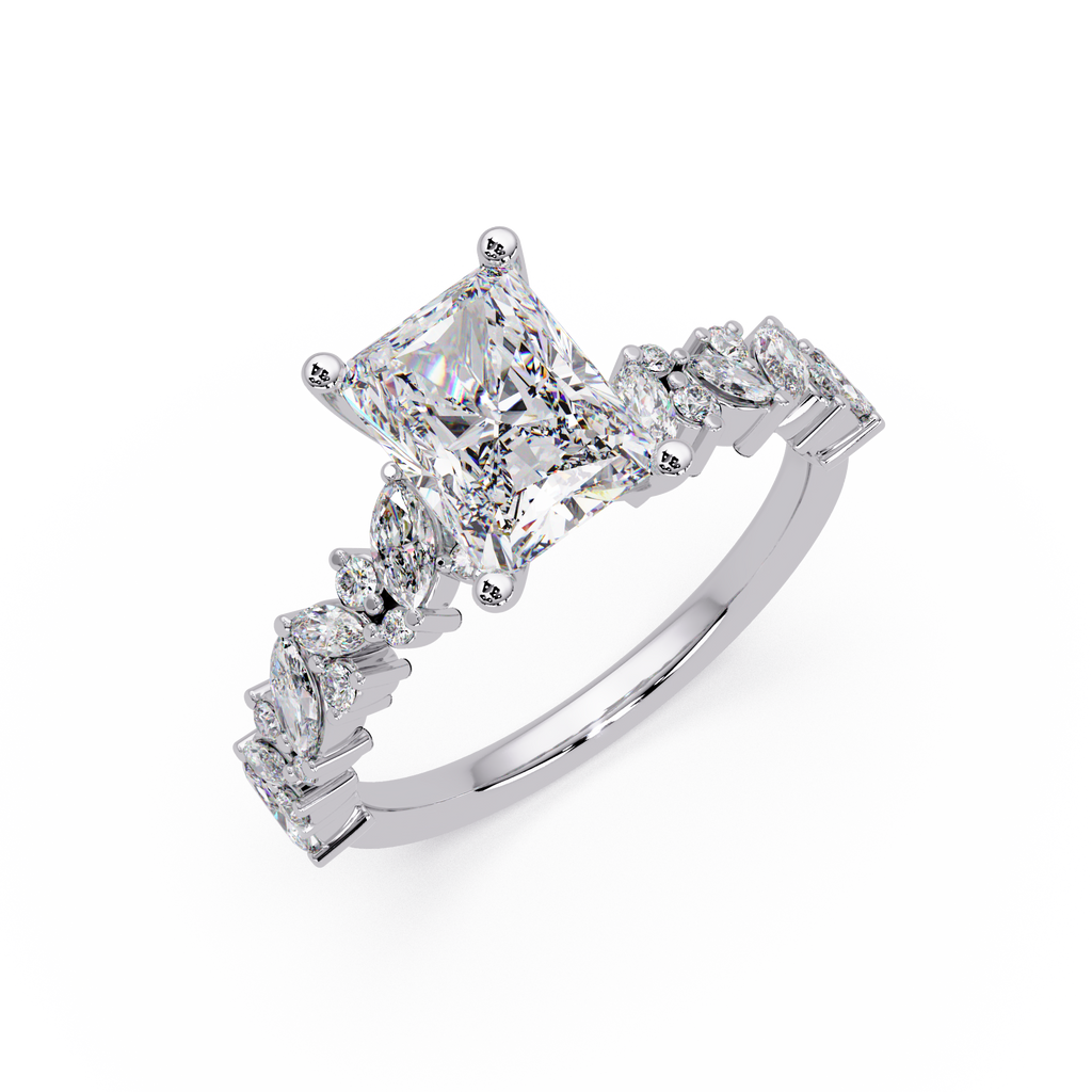 Nature-Inspired Princess Diamond Engagement Ring with Marquise & Round Accent Stones