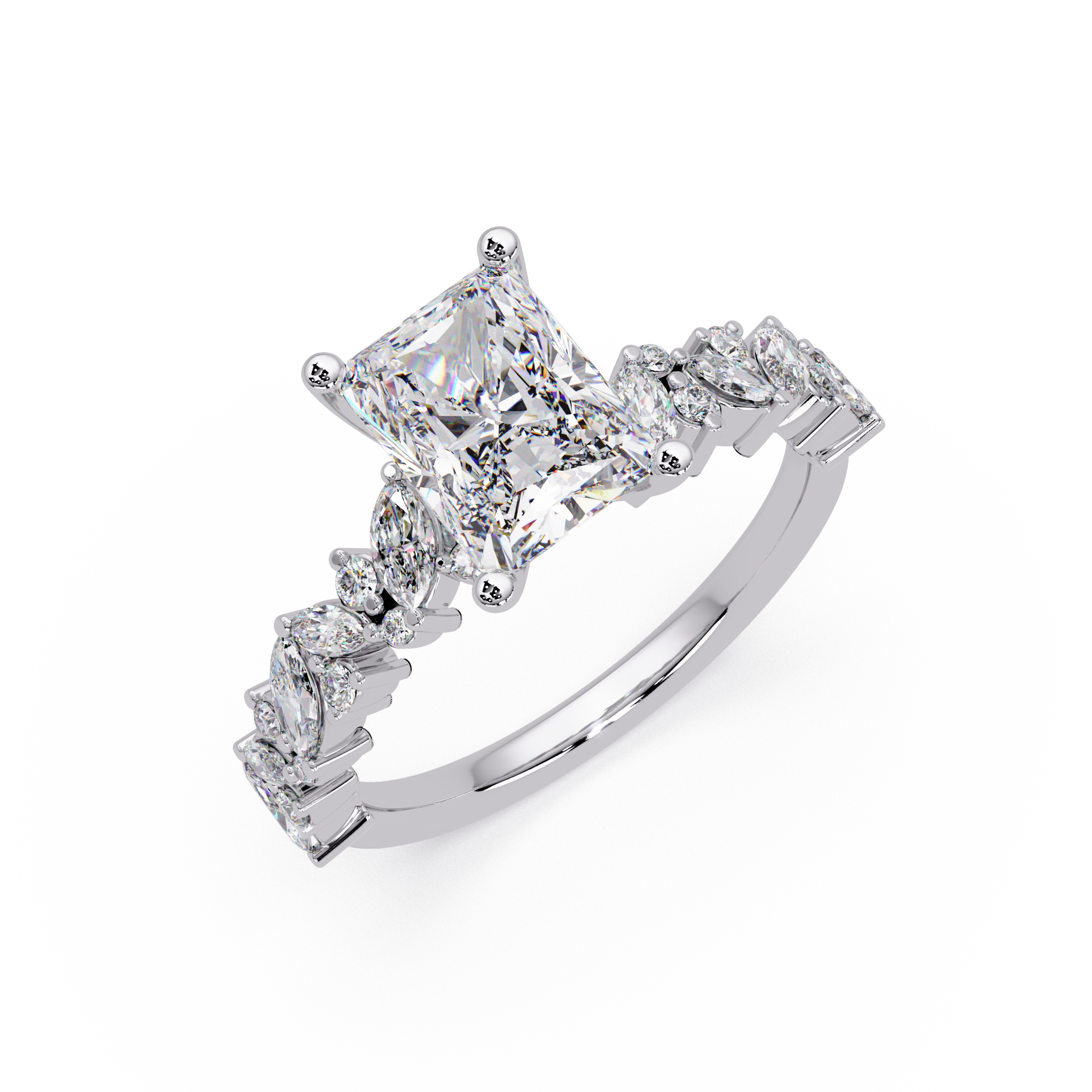 Nature-Inspired Princess Diamond Engagement Ring with Marquise & Round Accent Stones