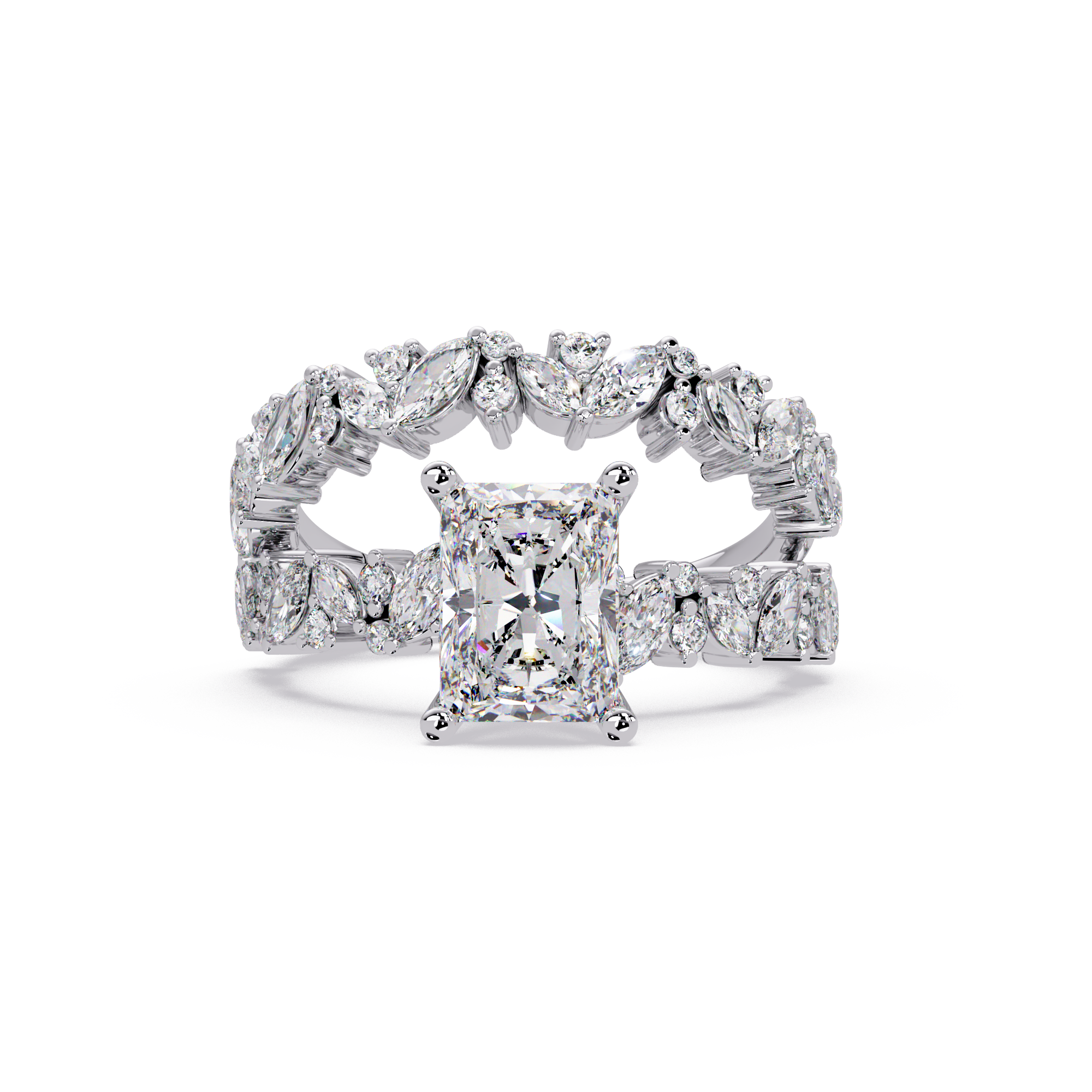 Nature-Inspired Princess Diamond Engagement Ring with Marquise & Round Accent Stones