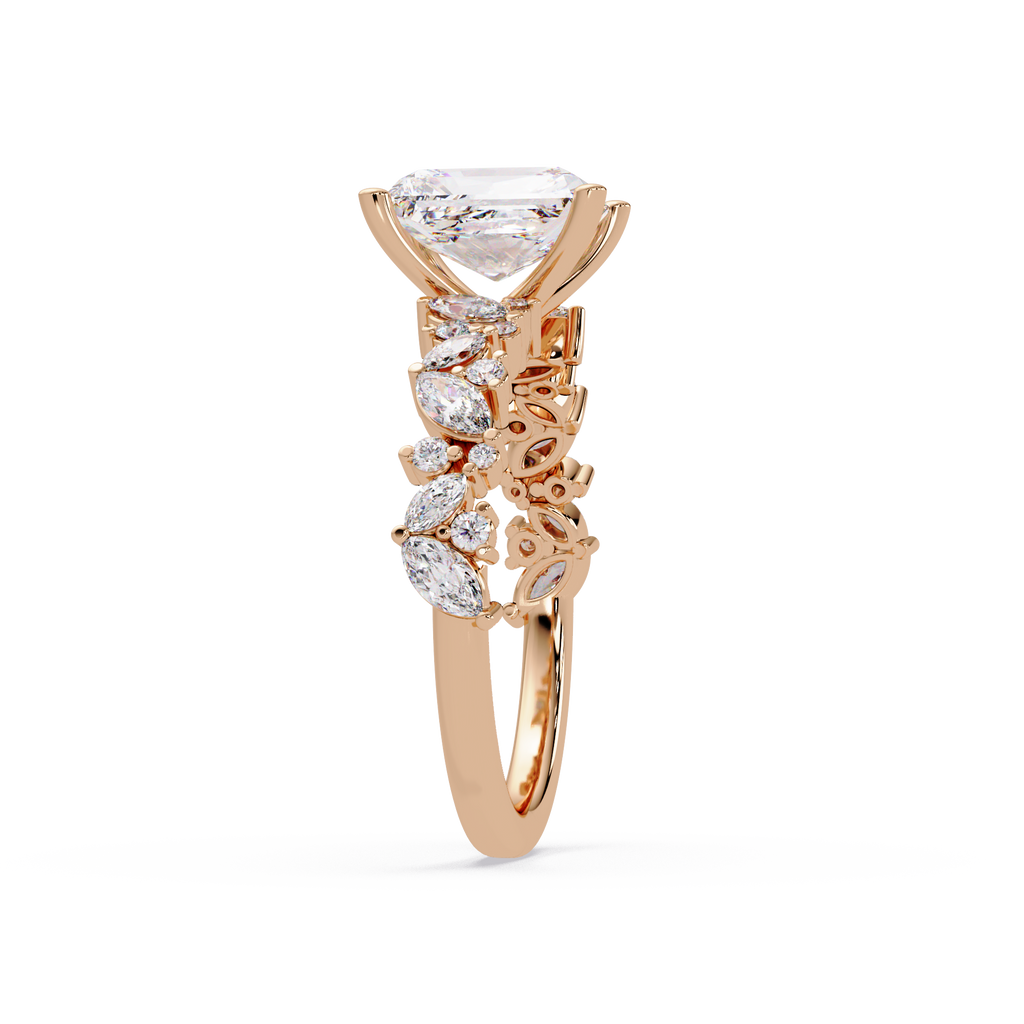 Nature-Inspired Princess Diamond Engagement Ring with Marquise & Round Accent Stones