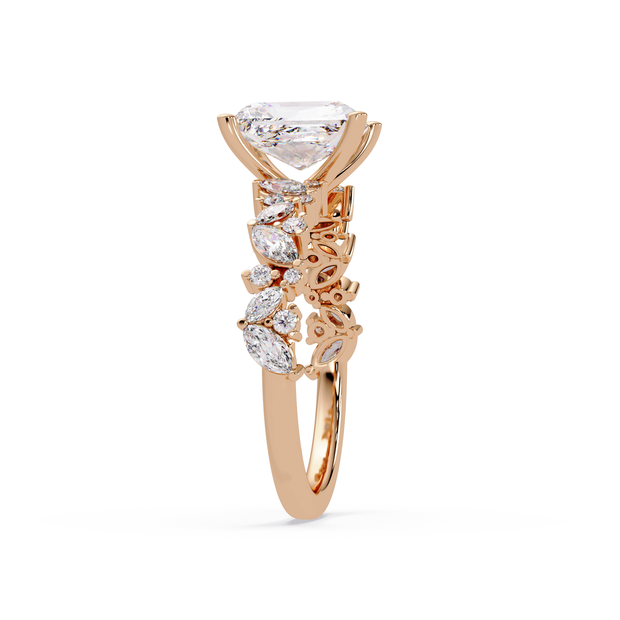 Nature-Inspired Princess Diamond Engagement Ring with Marquise & Round Accent Stones