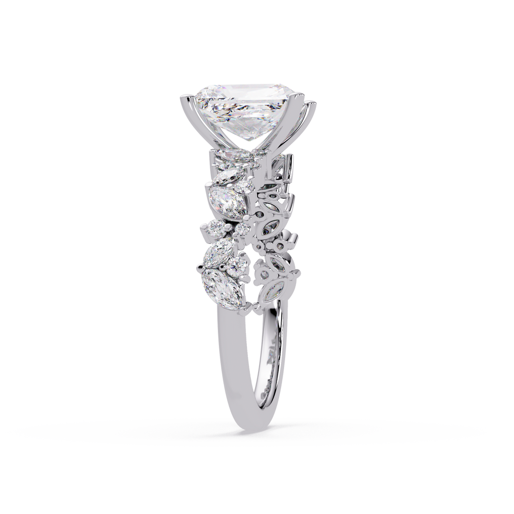 Nature-Inspired Princess Diamond Engagement Ring with Marquise & Round Accent Stones