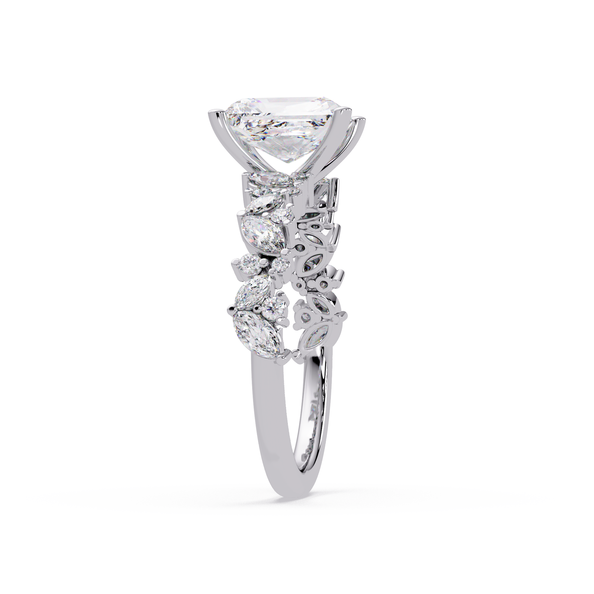 Nature-Inspired Princess Diamond Engagement Ring with Marquise & Round Accent Stones