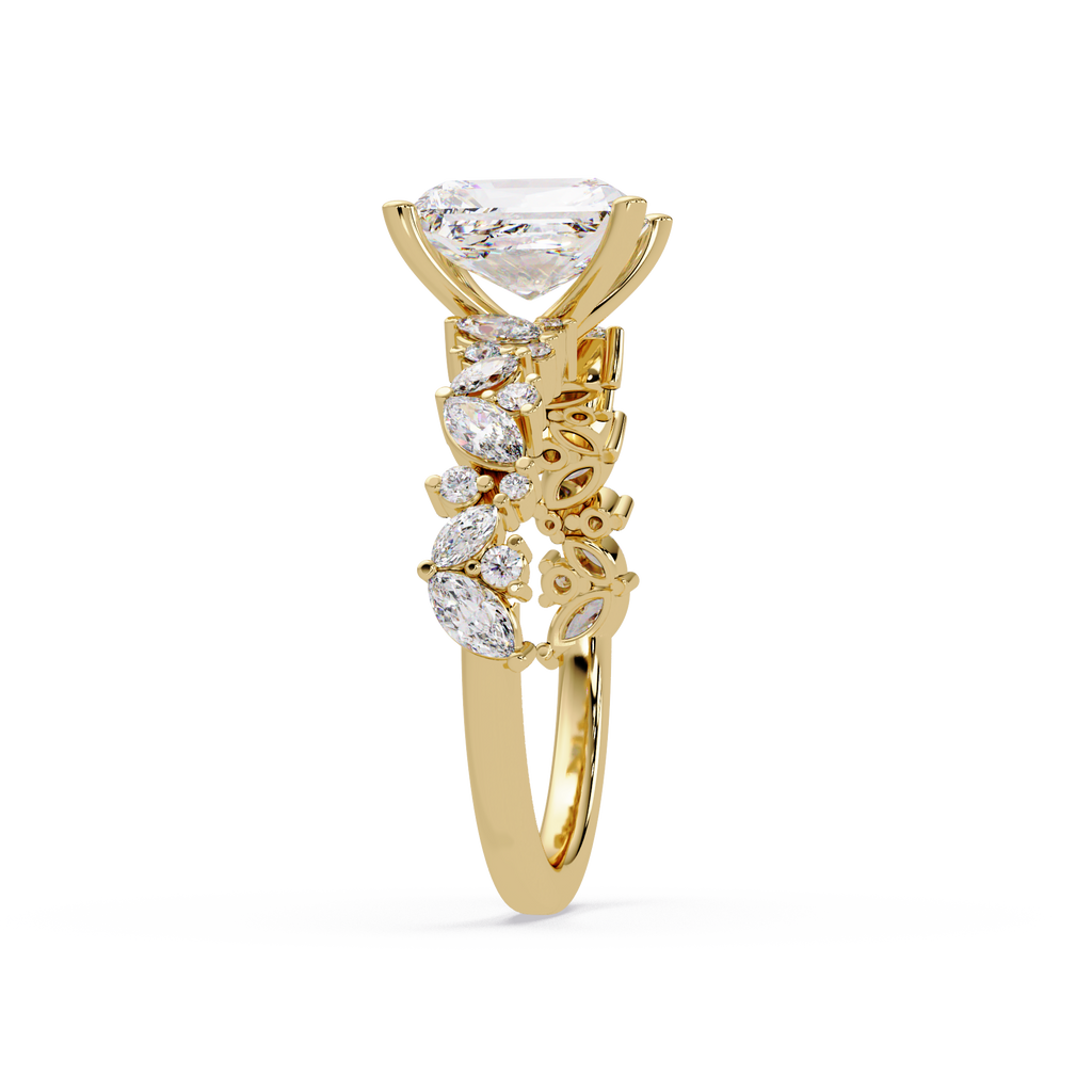 Nature-Inspired Princess Diamond Engagement Ring with Marquise & Round Accent Stones
