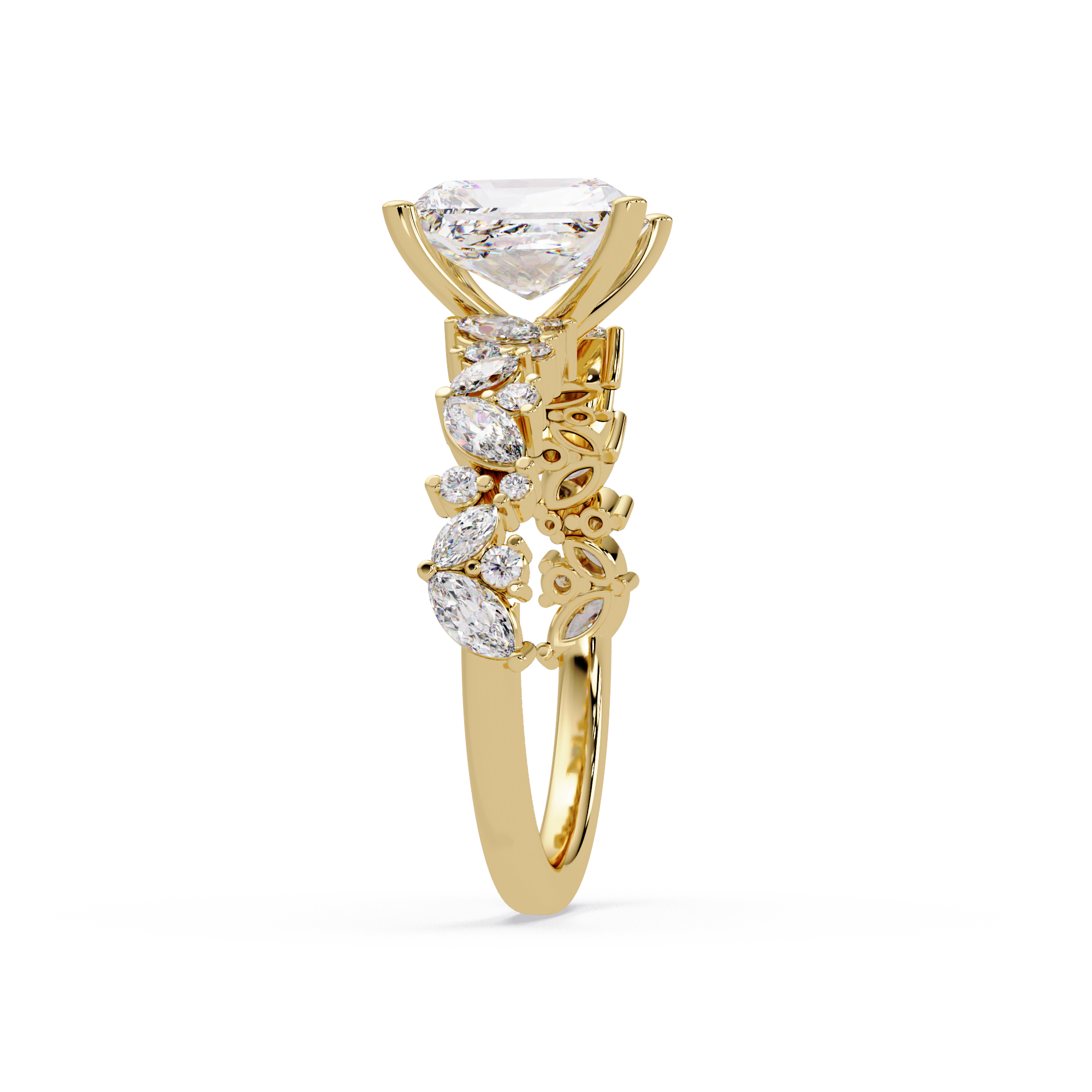 Nature-Inspired Princess Diamond Engagement Ring with Marquise & Round Accent Stones