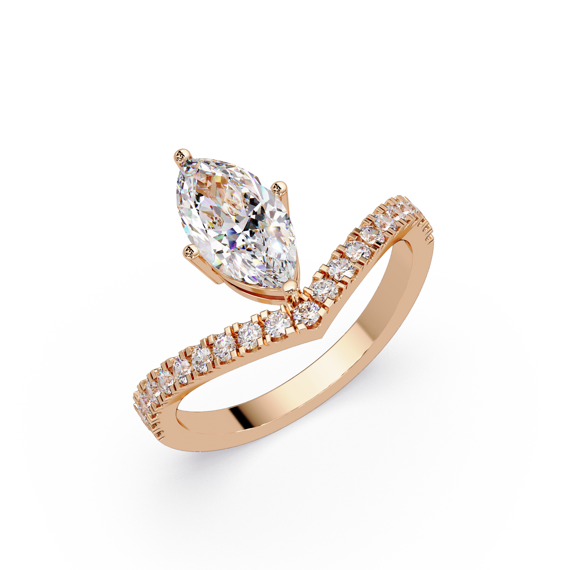 Modern Bypass Marquise Diamond Engagement Ring with Pavé Band
