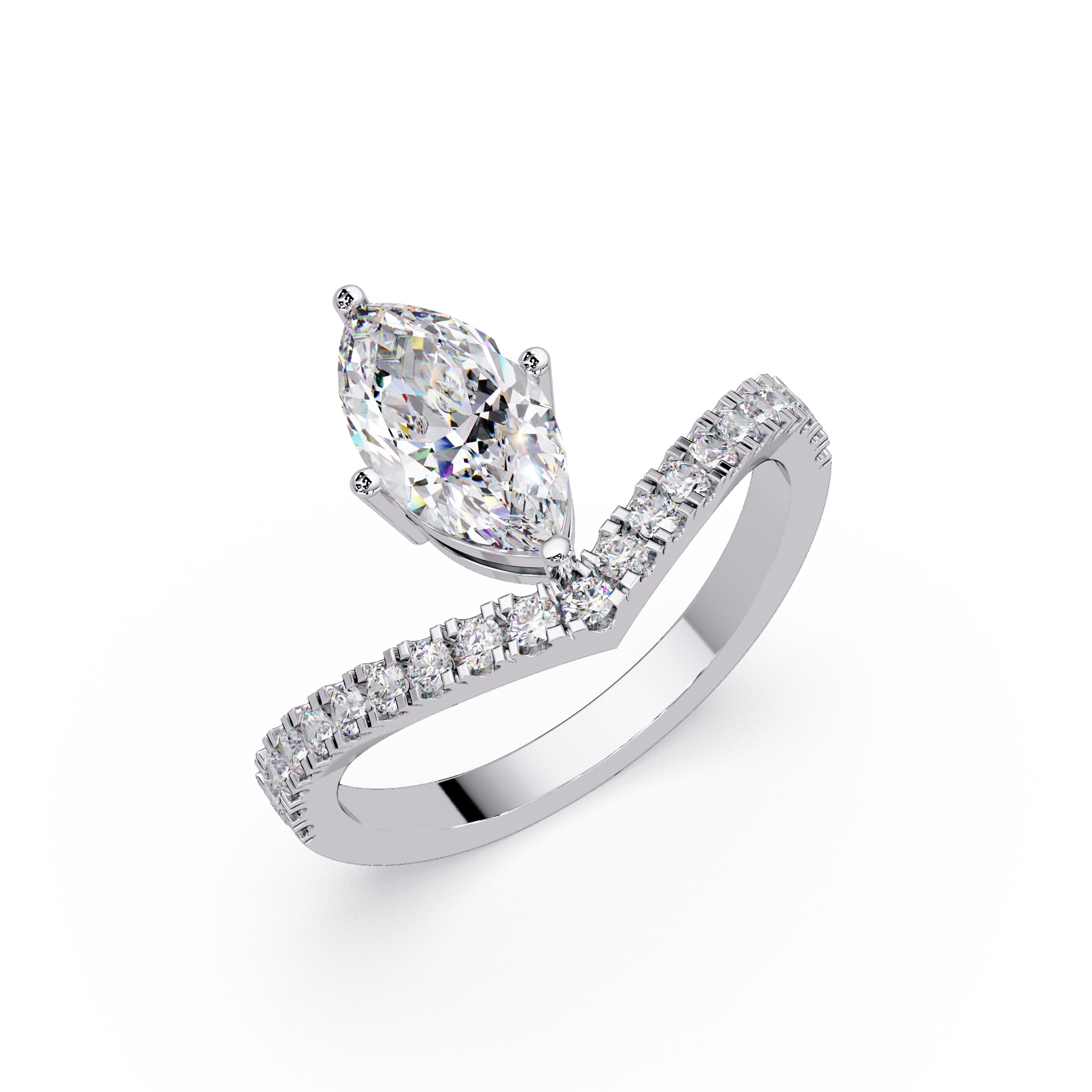 Modern Bypass Marquise Diamond Engagement Ring with Pavé Band