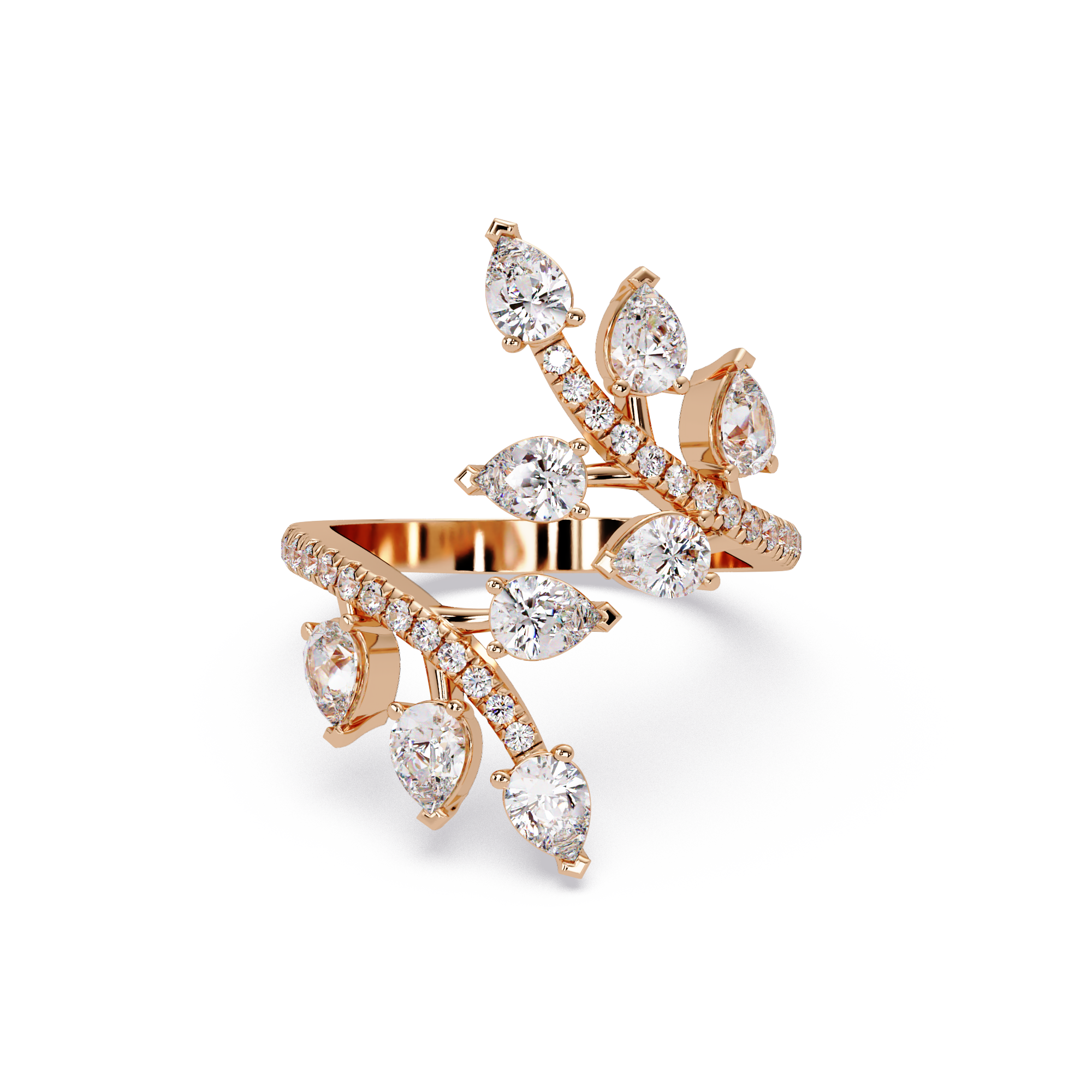 Nature Inspired Emerald & Round Diamond Leaf Ring