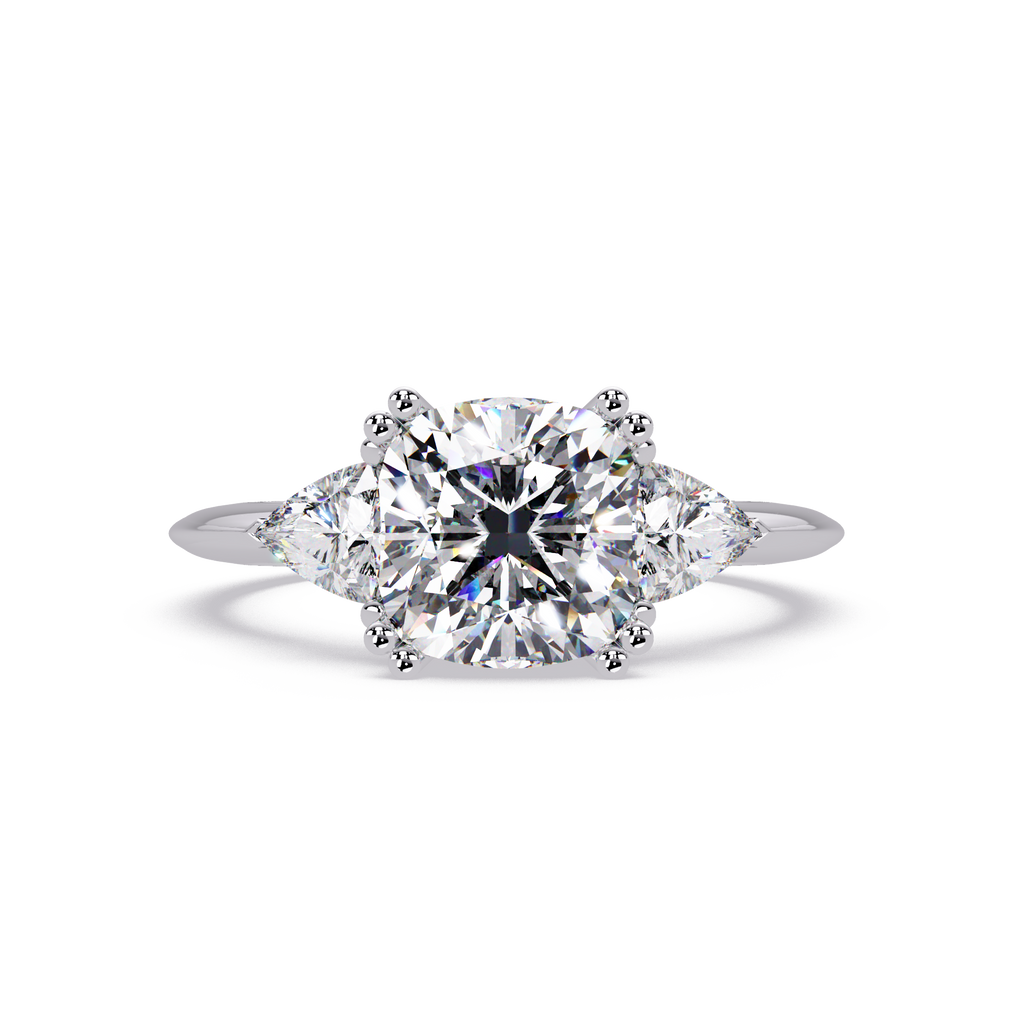 Classic Cushion Cut Engagement Ring with Trillion Side Diamonds