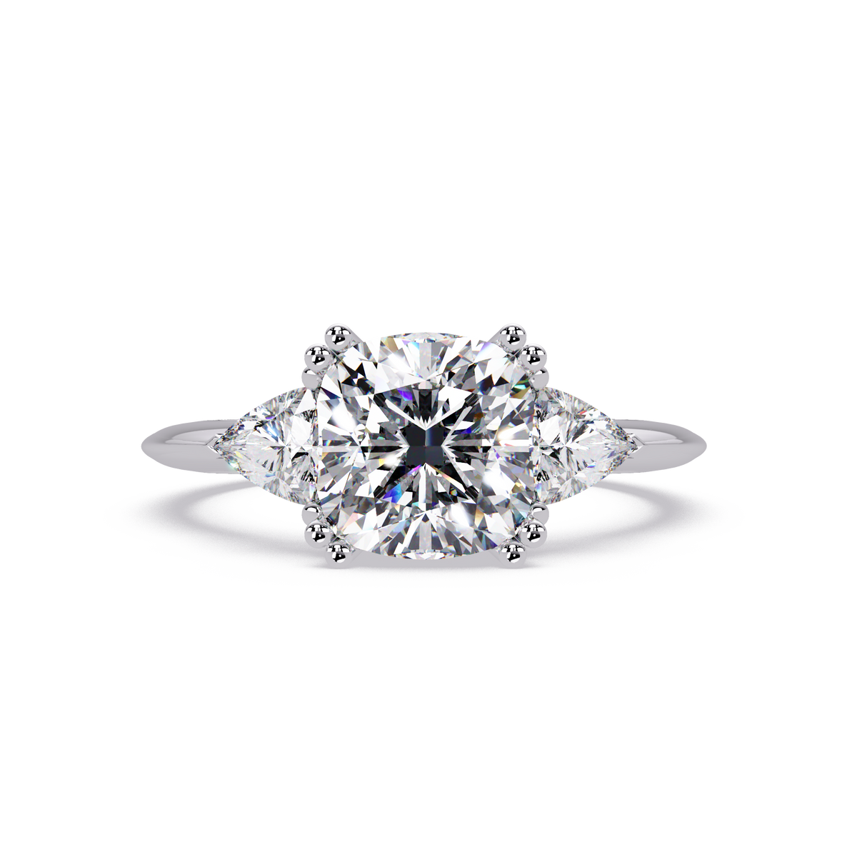 Classic Cushion Cut Engagement Ring with Trillion Side Diamonds