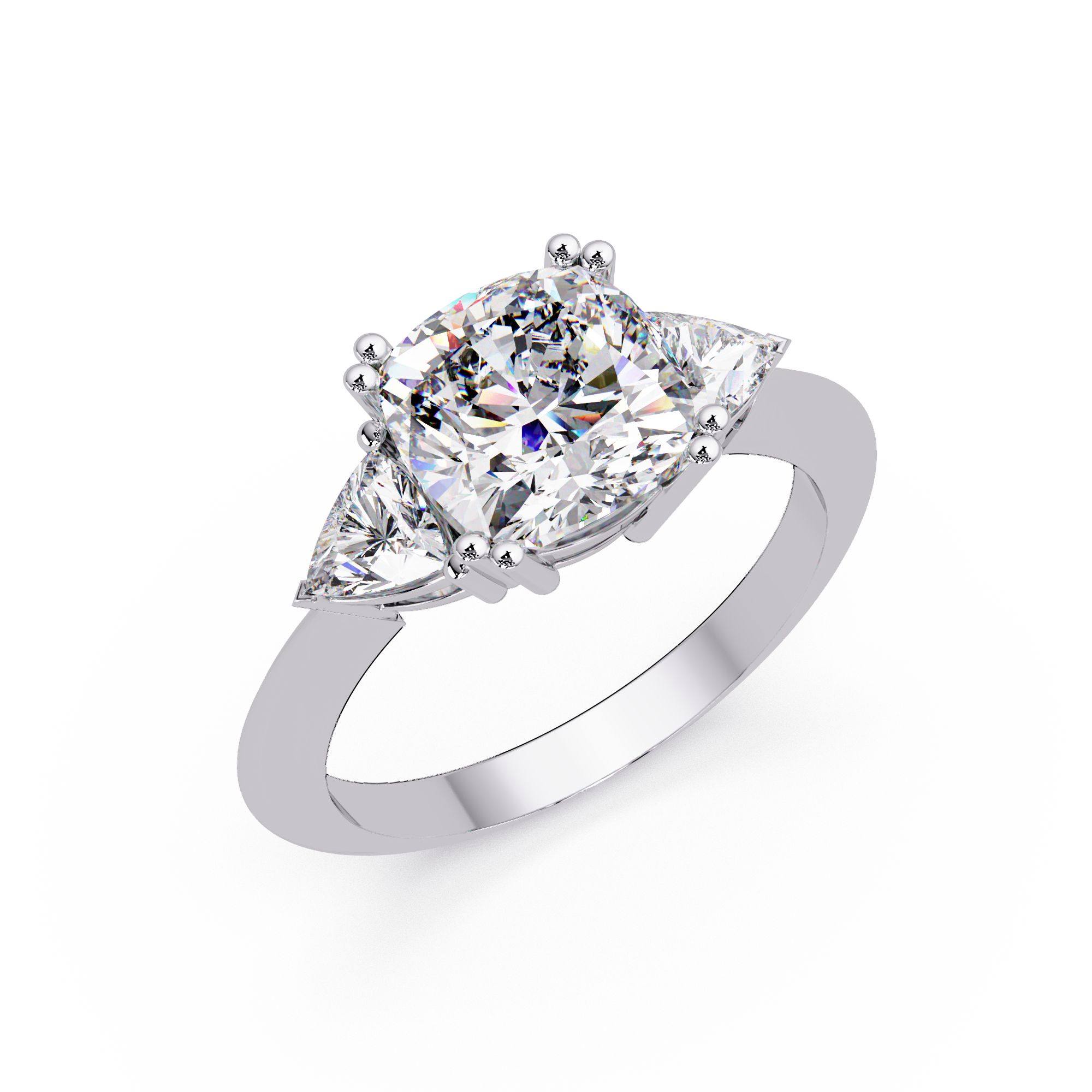 Classic Cushion Cut Engagement Ring with Trillion Side Diamonds