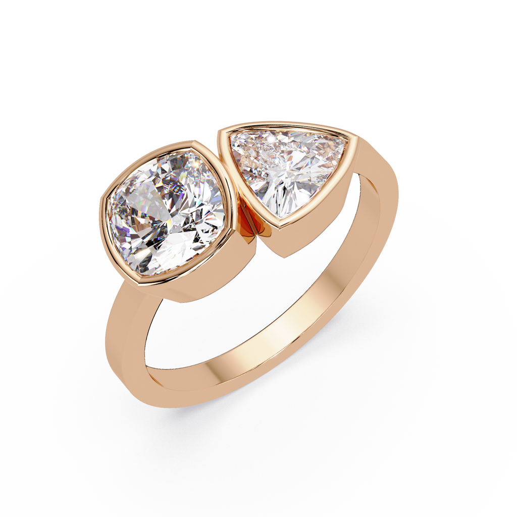 Bezel Set Cushion & Trillion Diamond Toi et Moi Engagement Ring