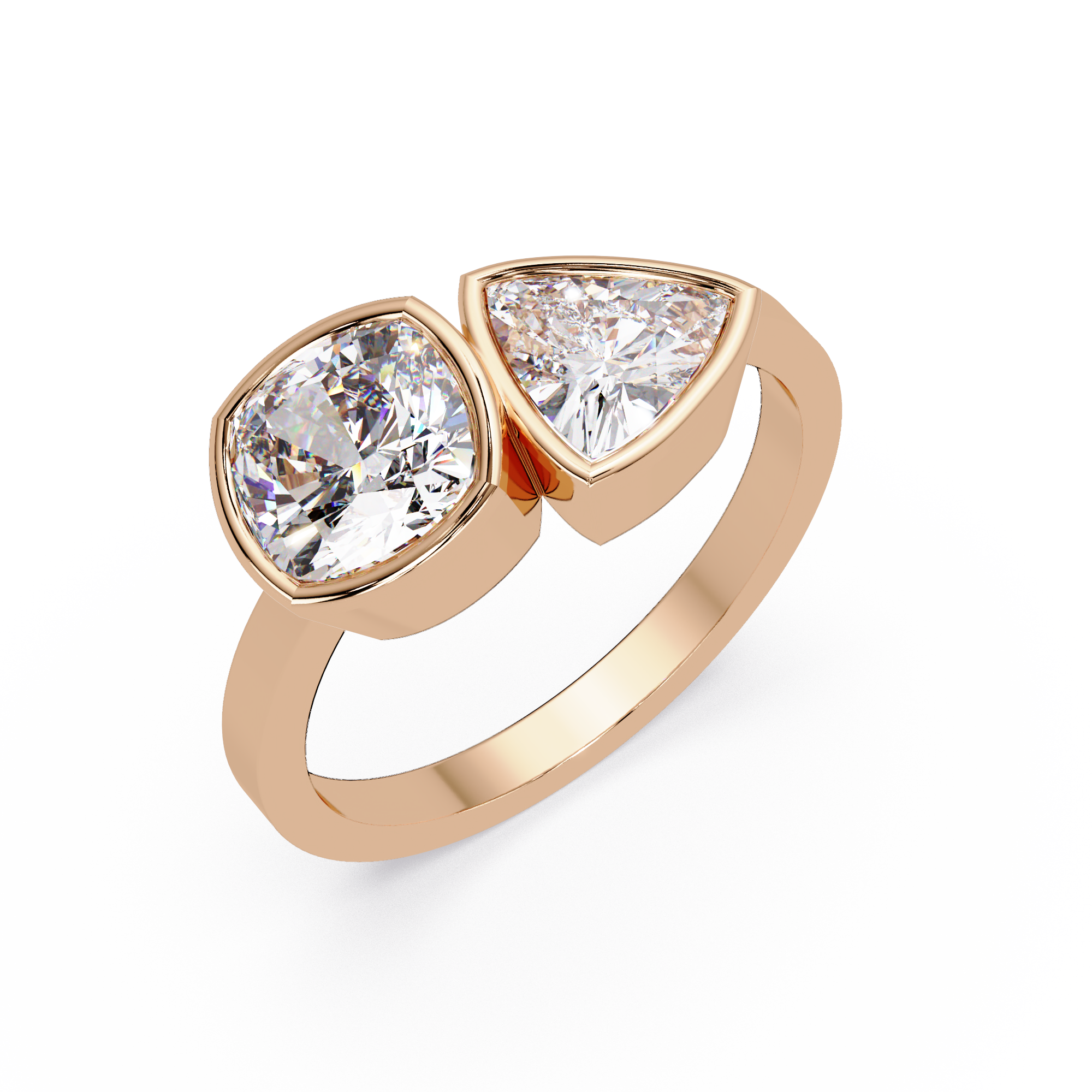 Bezel Set Cushion & Trillion Diamond Toi et Moi Engagement Ring