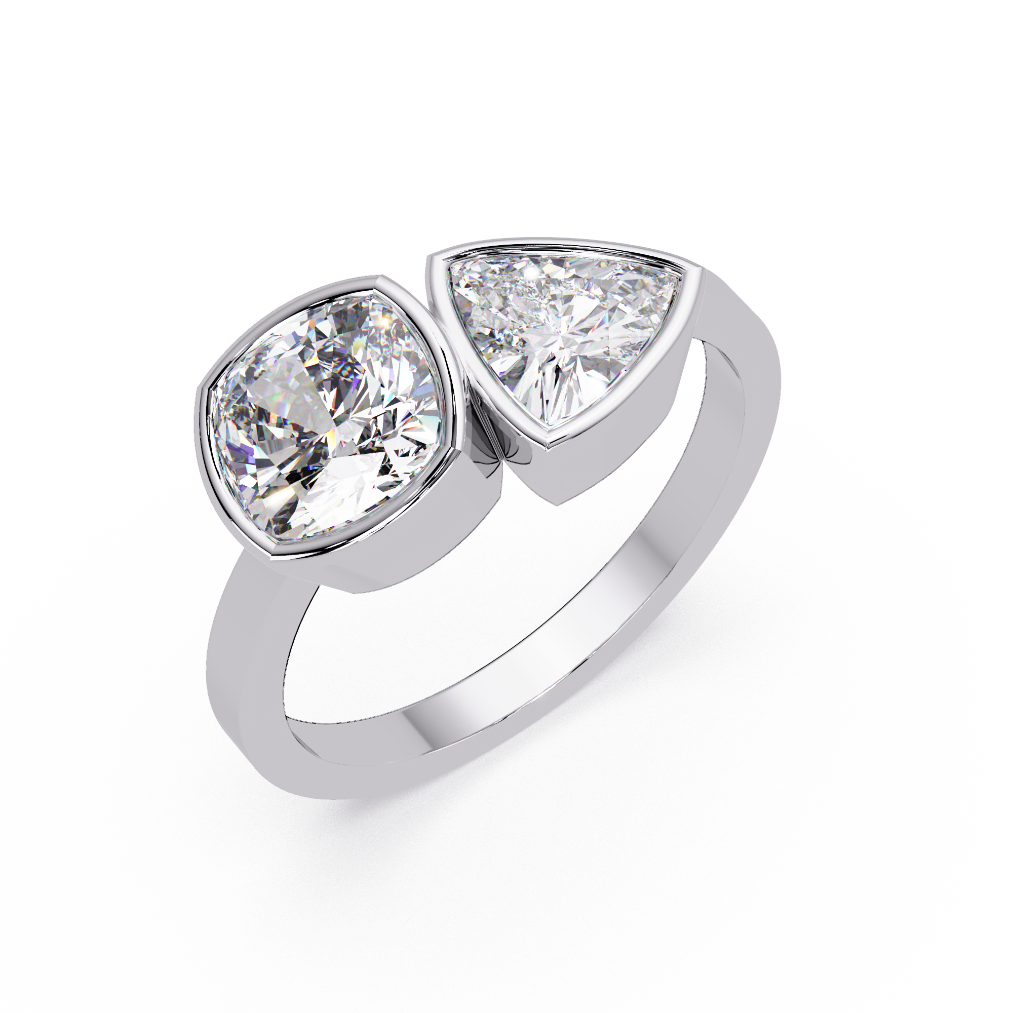 Bezel Set Cushion & Trillion Diamond Toi et Moi Engagement Ring