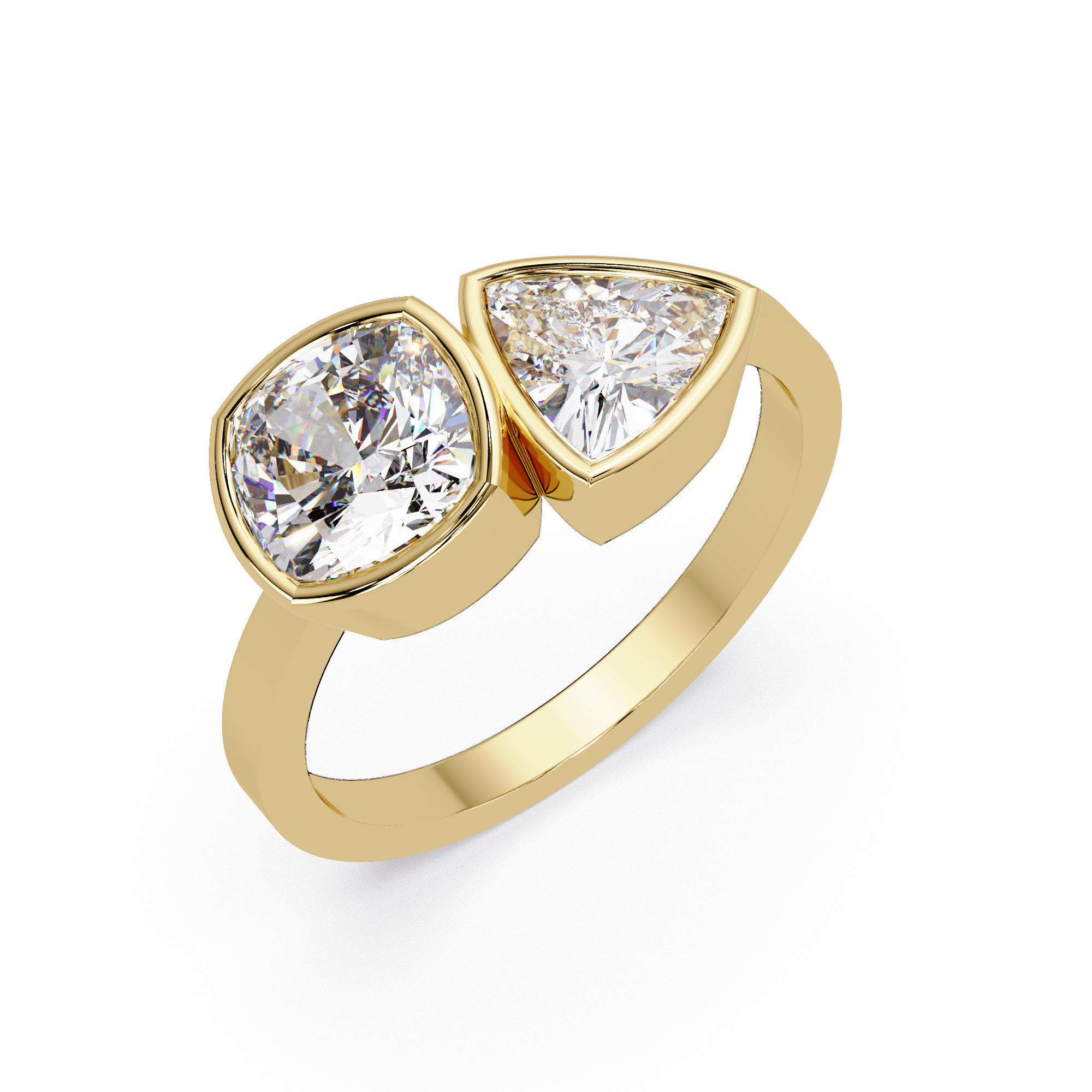 Bezel Set Cushion & Trillion Diamond Toi et Moi Engagement Ring