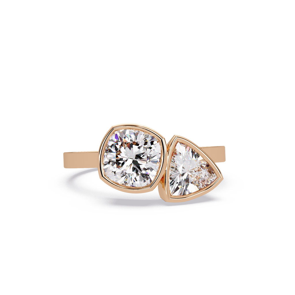 Bezel Set Cushion & Trillion Diamond Toi et Moi Engagement Ring