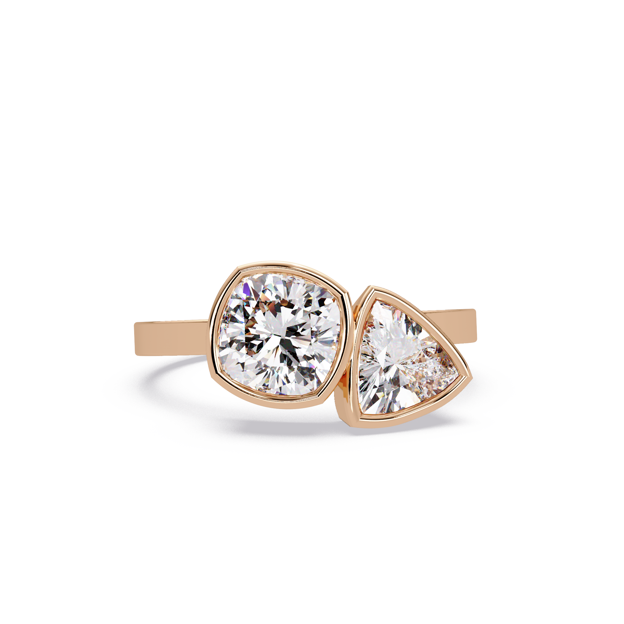 Bezel Set Cushion & Trillion Diamond Toi et Moi Engagement Ring