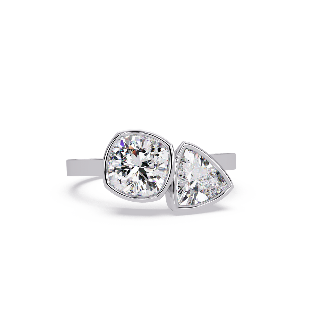 Bezel Set Cushion & Trillion Diamond Toi et Moi Engagement Ring