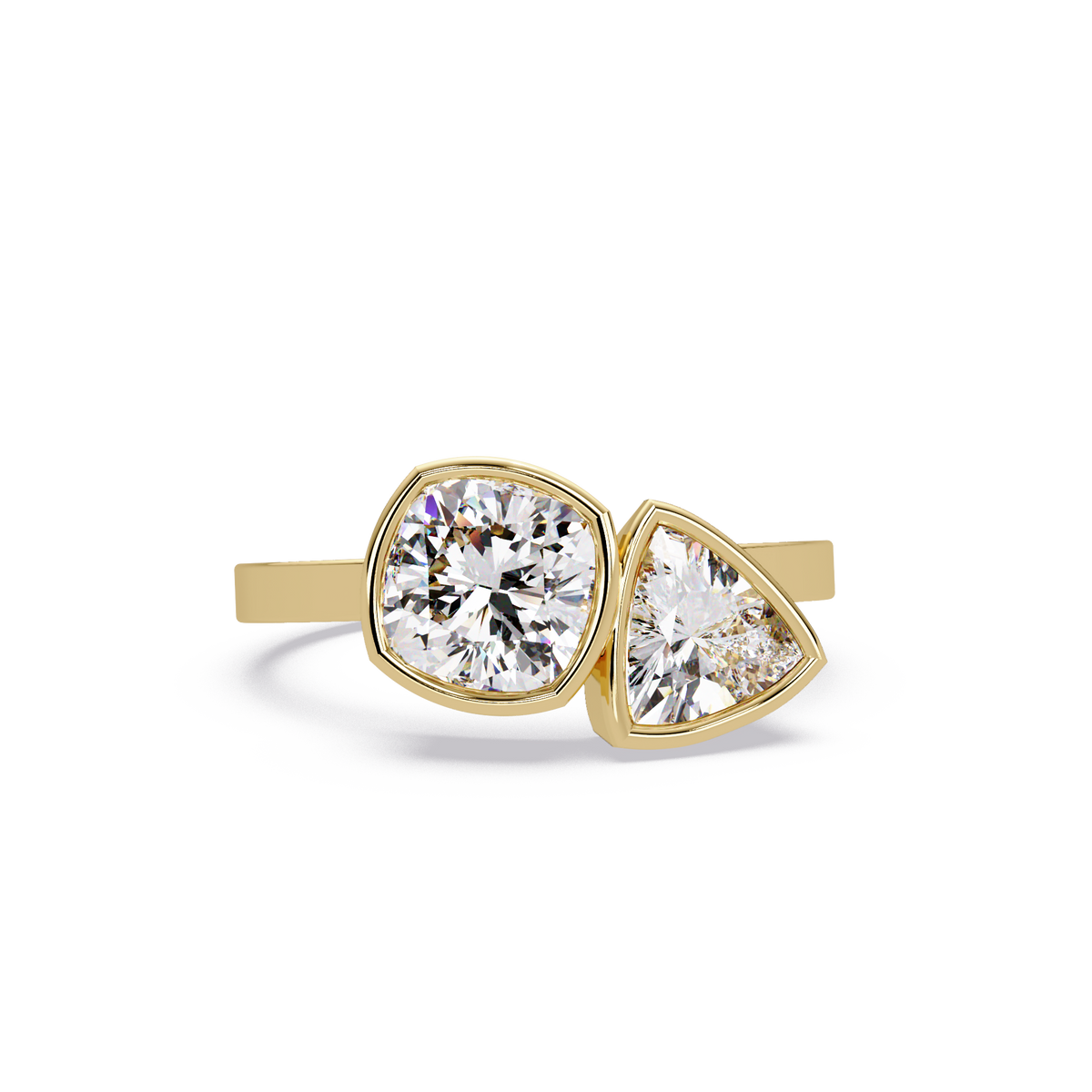 Bezel Set Cushion & Trillion Diamond Toi et Moi Engagement Ring