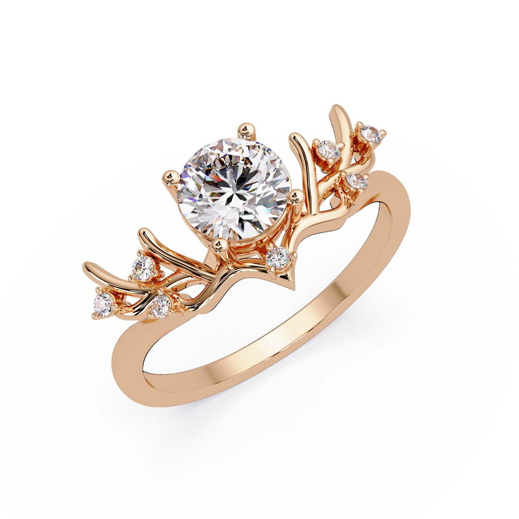 Nature Inspired Round Diamond Engagement Ring | Floral Leaf Solitaire Ring |