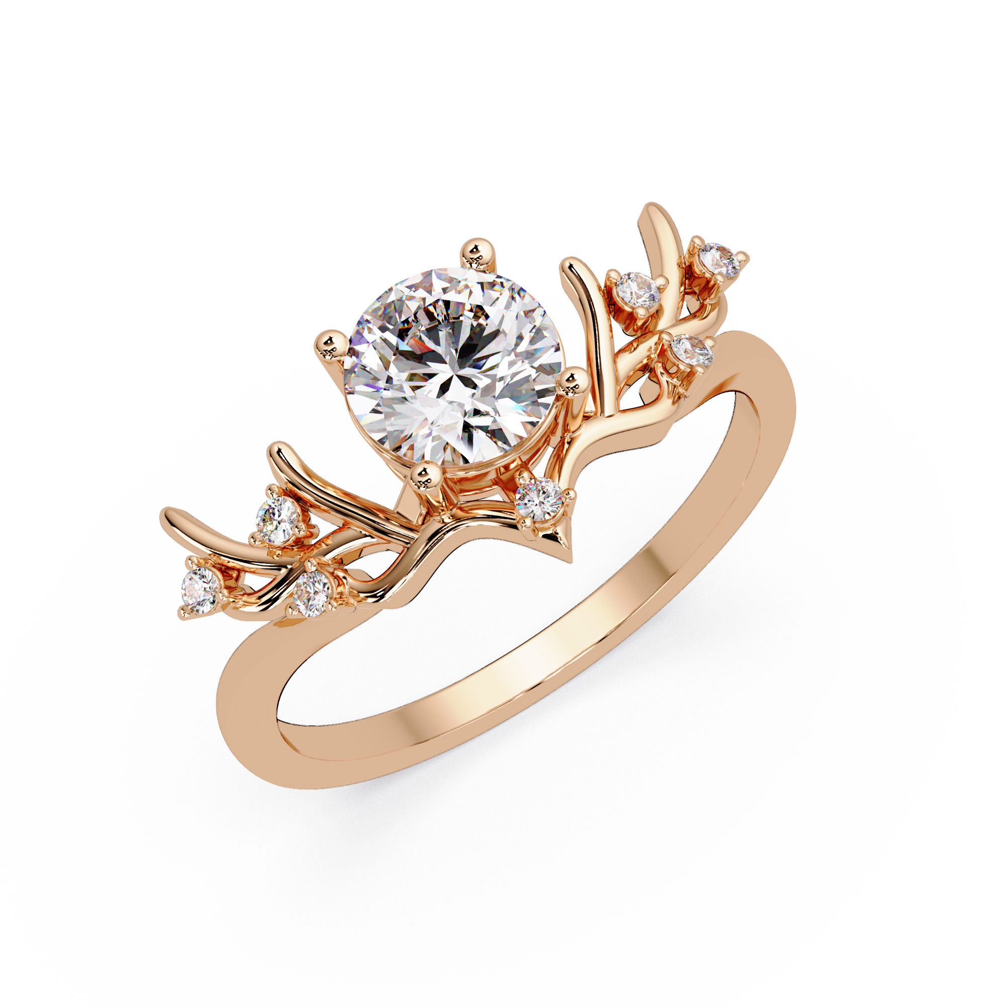 Nature Inspired Round Diamond Engagement Ring | Floral Leaf Solitaire Ring |