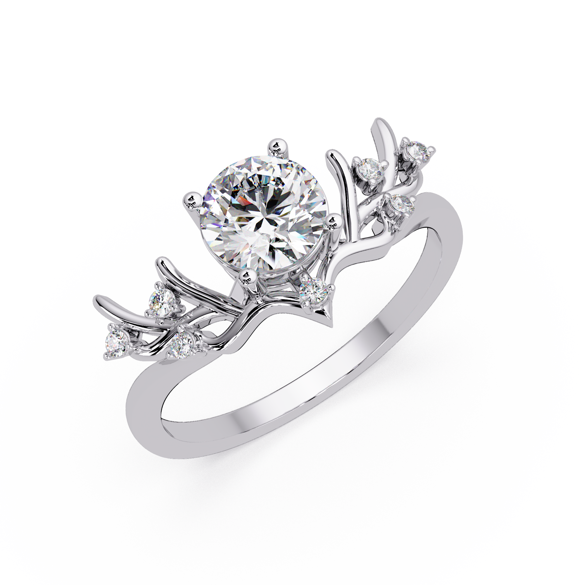 Nature Inspired Round Diamond Engagement Ring | Floral Leaf Solitaire Ring