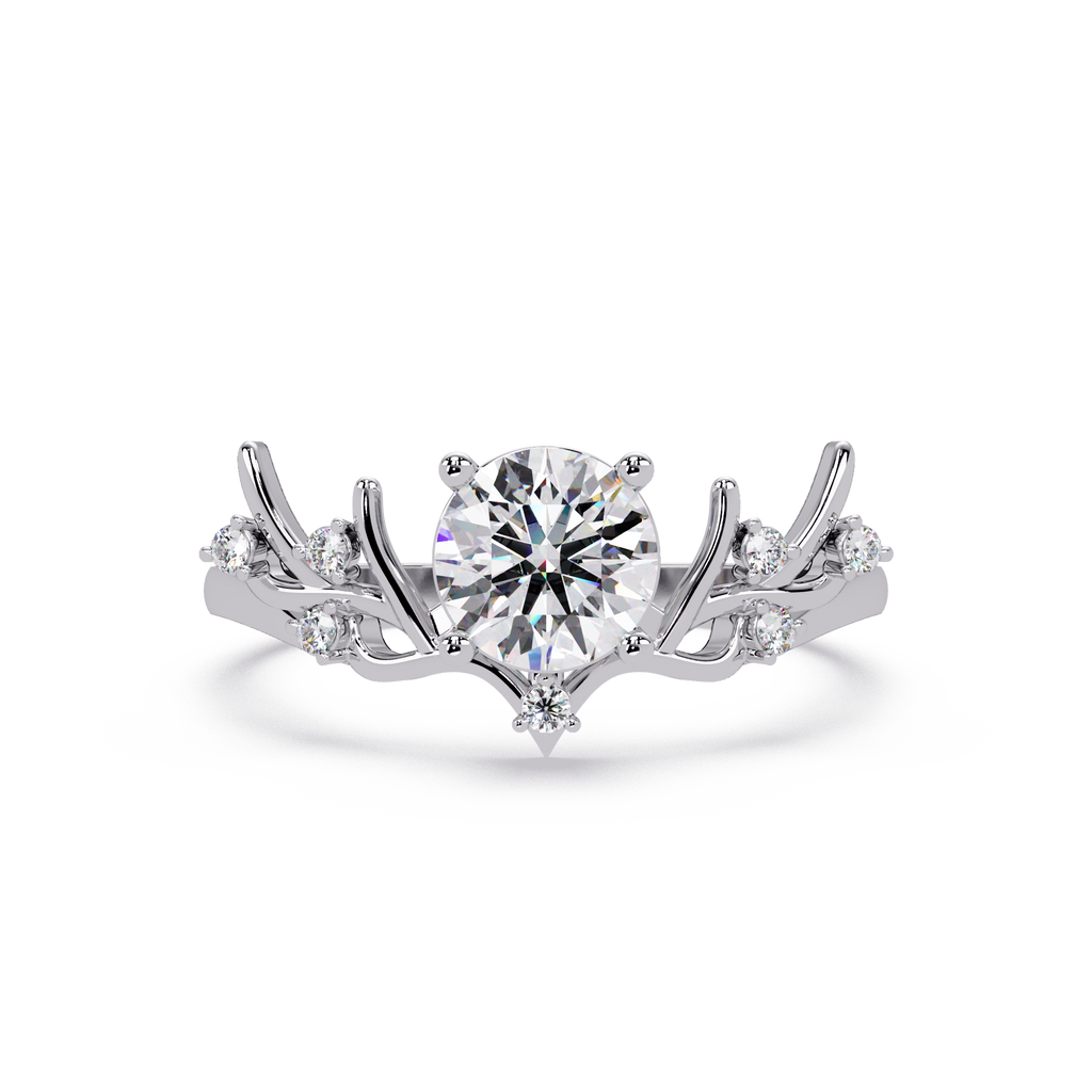 Nature Inspired Round Diamond Engagement Ring | Floral Leaf Solitaire Ring |