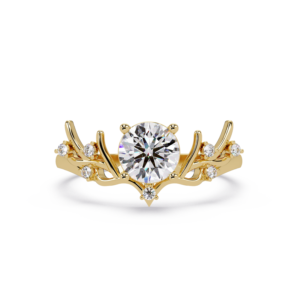 Nature Inspired Round Diamond Engagement Ring | Floral Leaf Solitaire Ring |