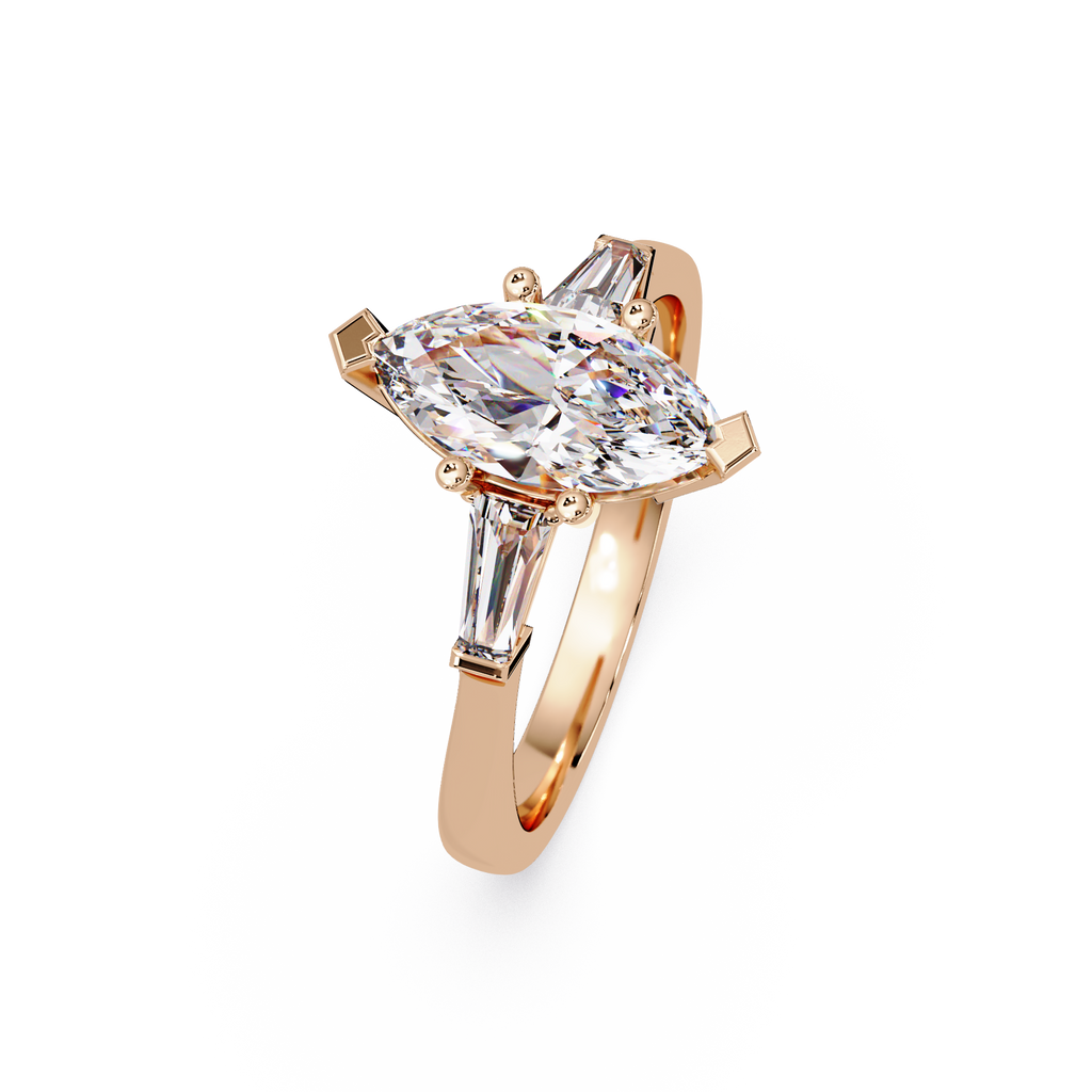 Custom Baguette Side Stone Marquise Cut Three Stone Engagement Ring