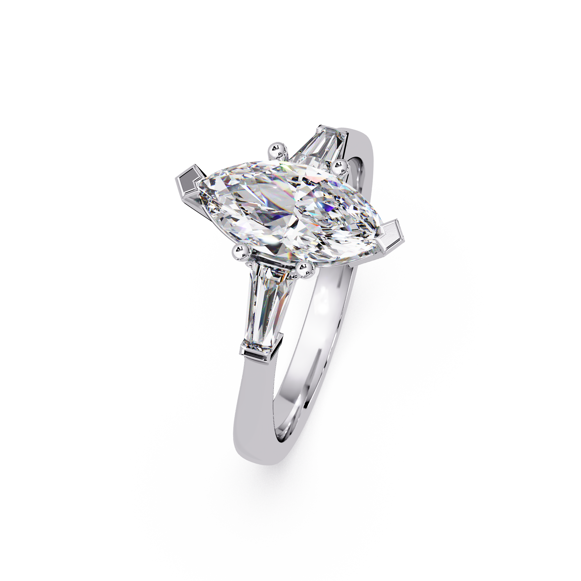 Custom Baguette Side Stone Marquise Cut Three Stone Engagement Ring