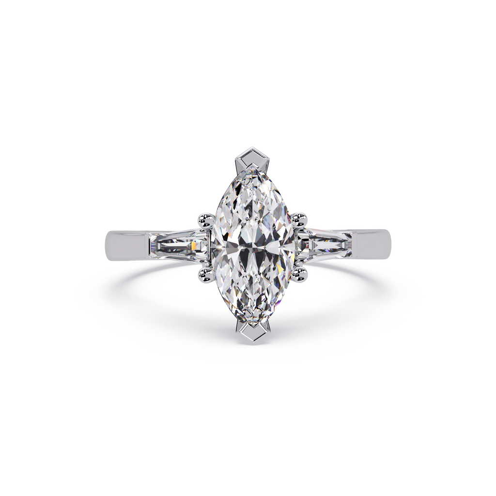 Custom Baguette Side Stone Marquise Cut Three Stone Engagement Ring