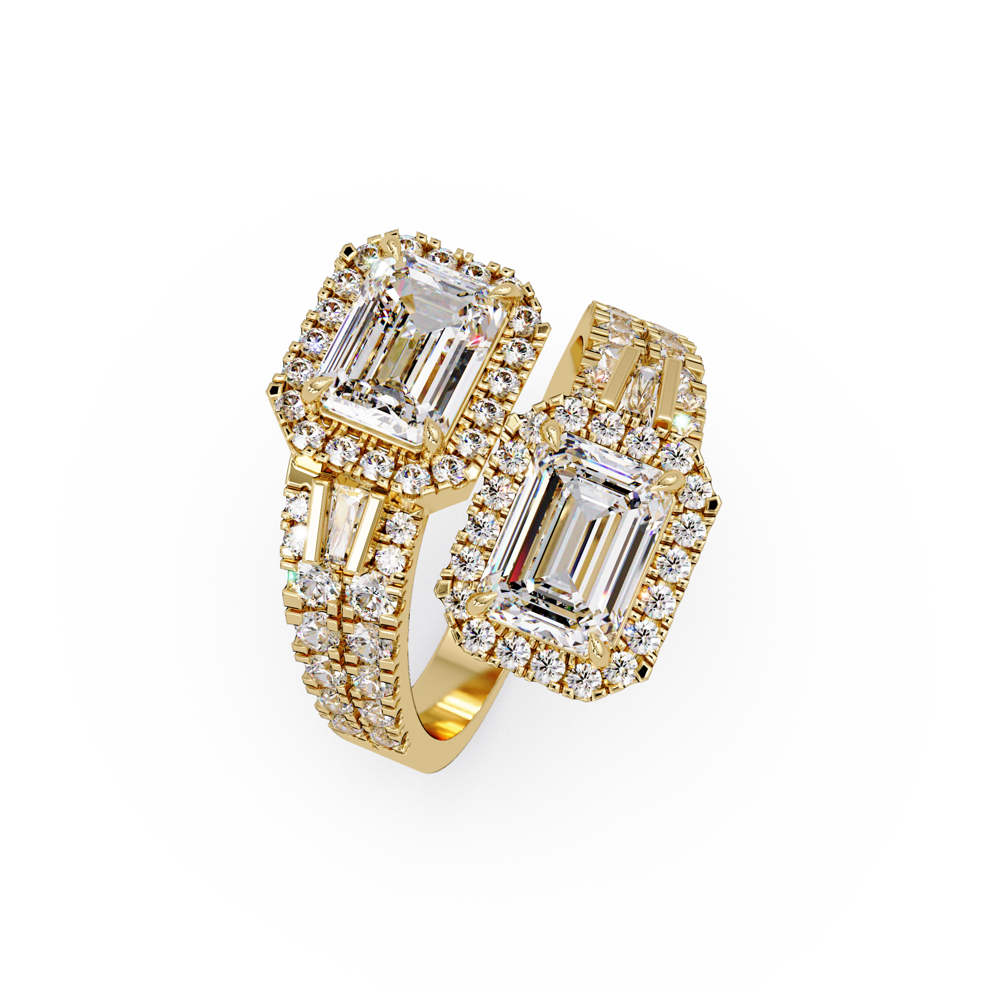 Custom Baguette Emerald Cut Double Halo Engagement Ring