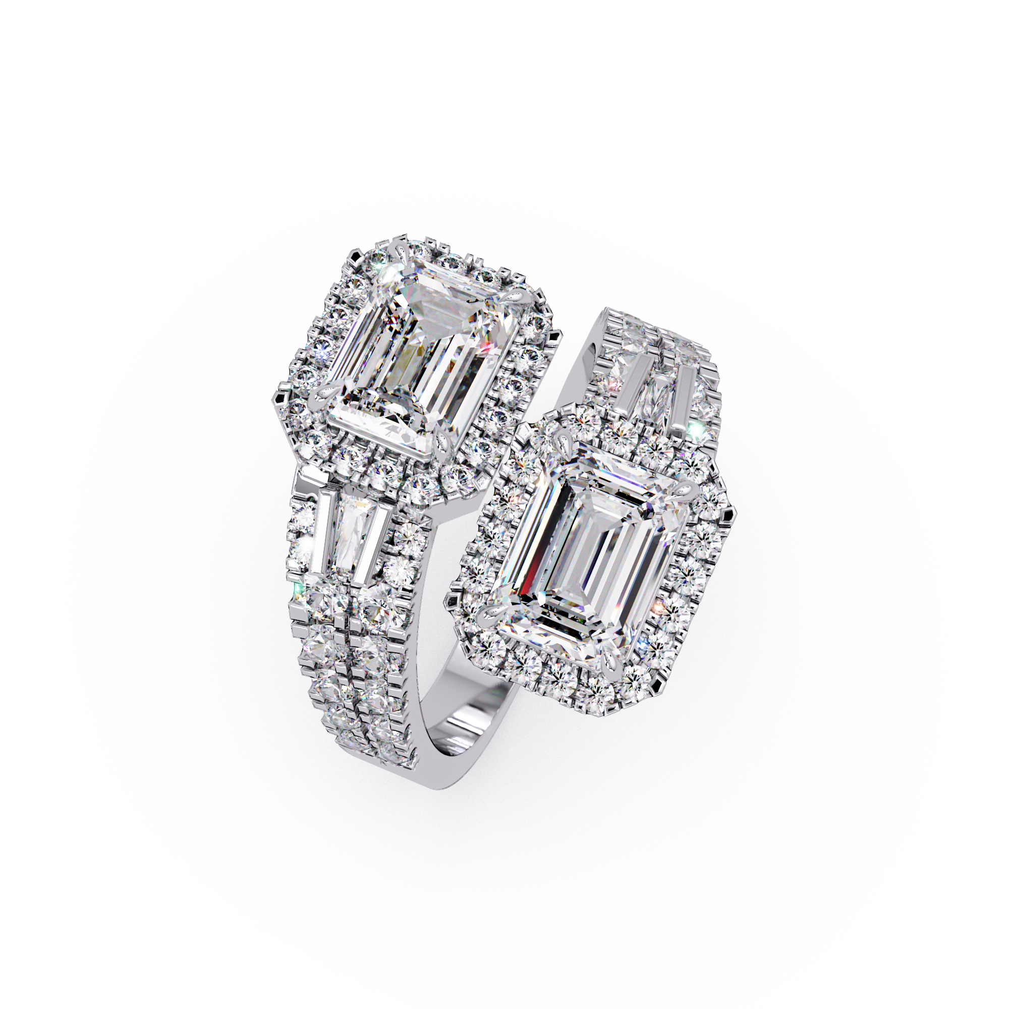Custom Baguette Emerald Cut Double Halo Engagement Ring