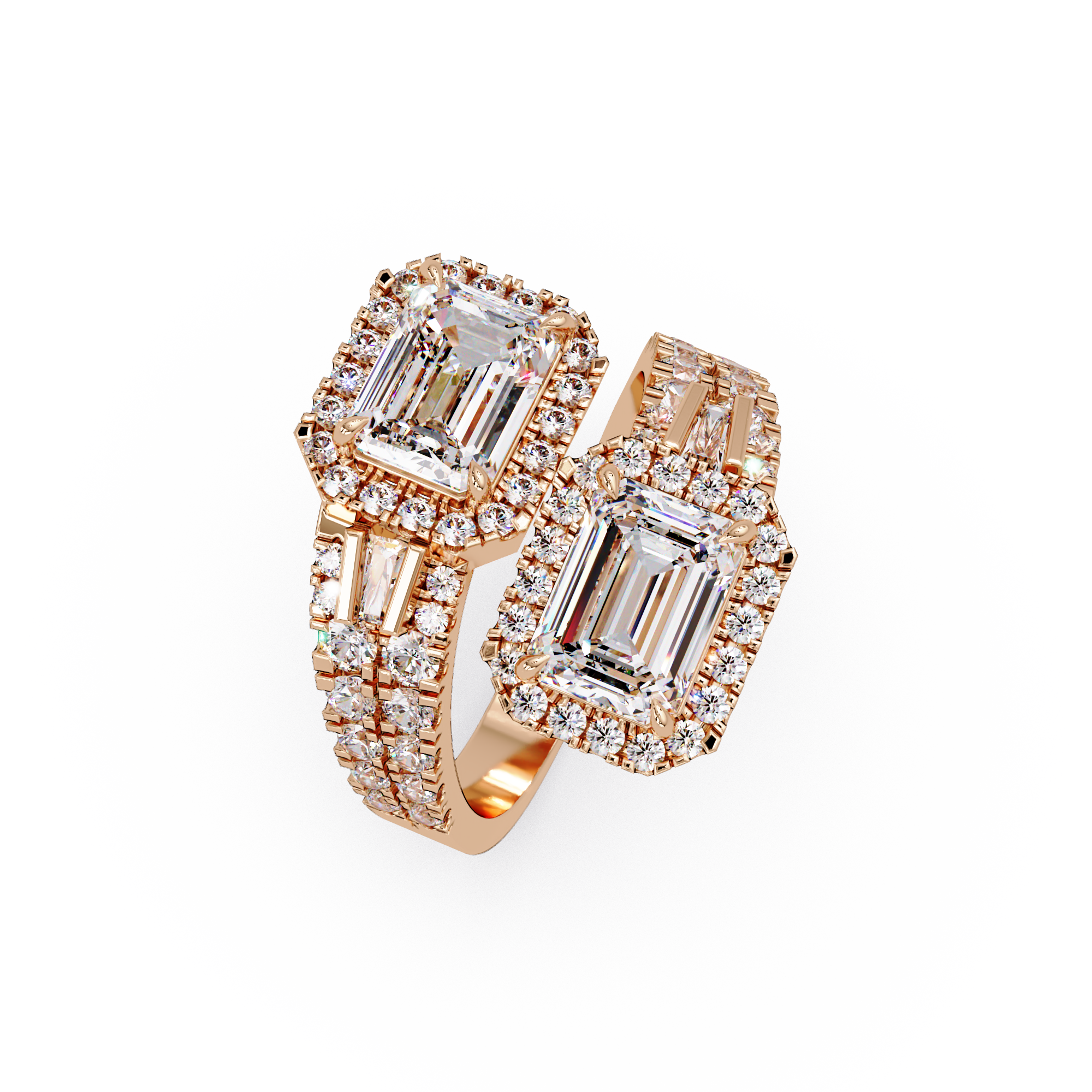 Custom Baguette Emerald Cut Double Halo Engagement Ring