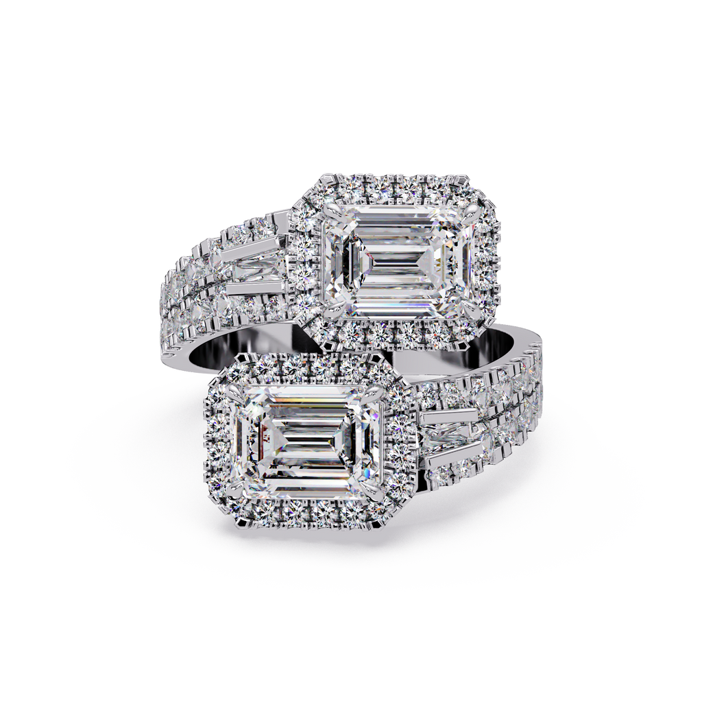 Custom Baguette Emerald Cut Double Halo Engagement Ring